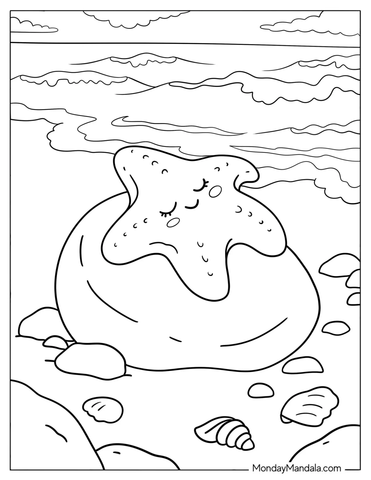 Small Starfish Sunbathing on the Beach coloring page — printable line art