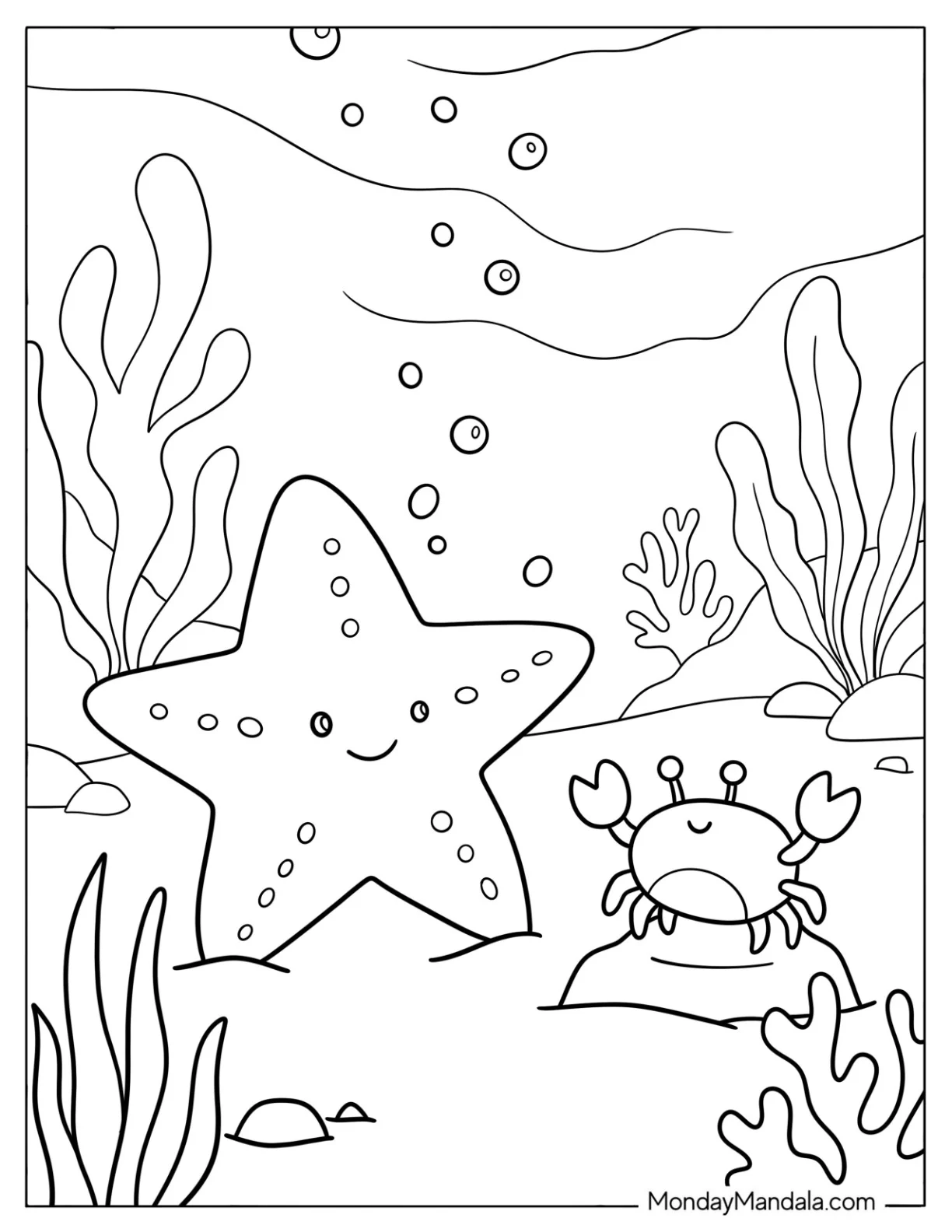 Starfish and Crab Friends Underwater Coloring Page coloring page — printable line art