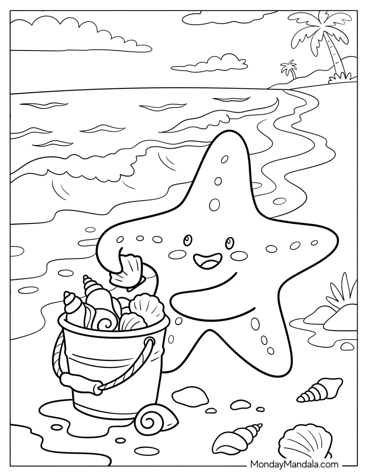 Starfish Collecting Seashells on the Shore coloring page