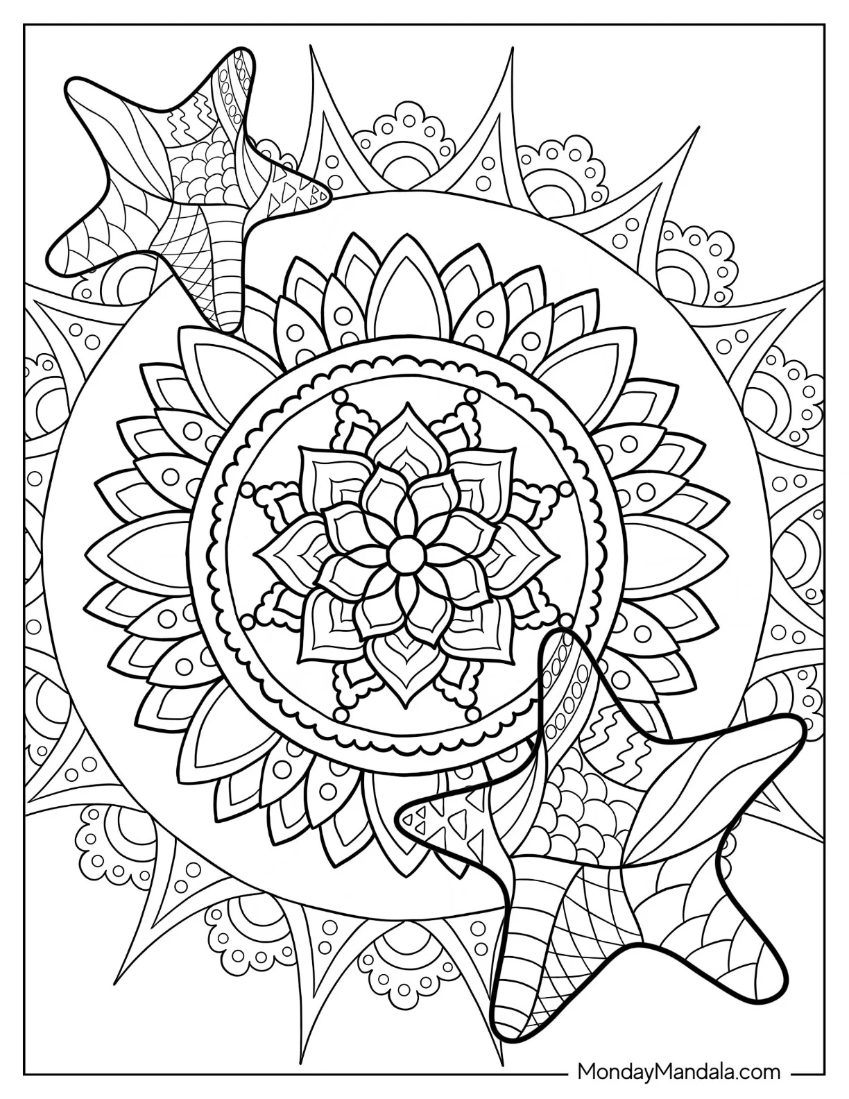 Starfish Coloring Page And Flower Mandala coloring page
