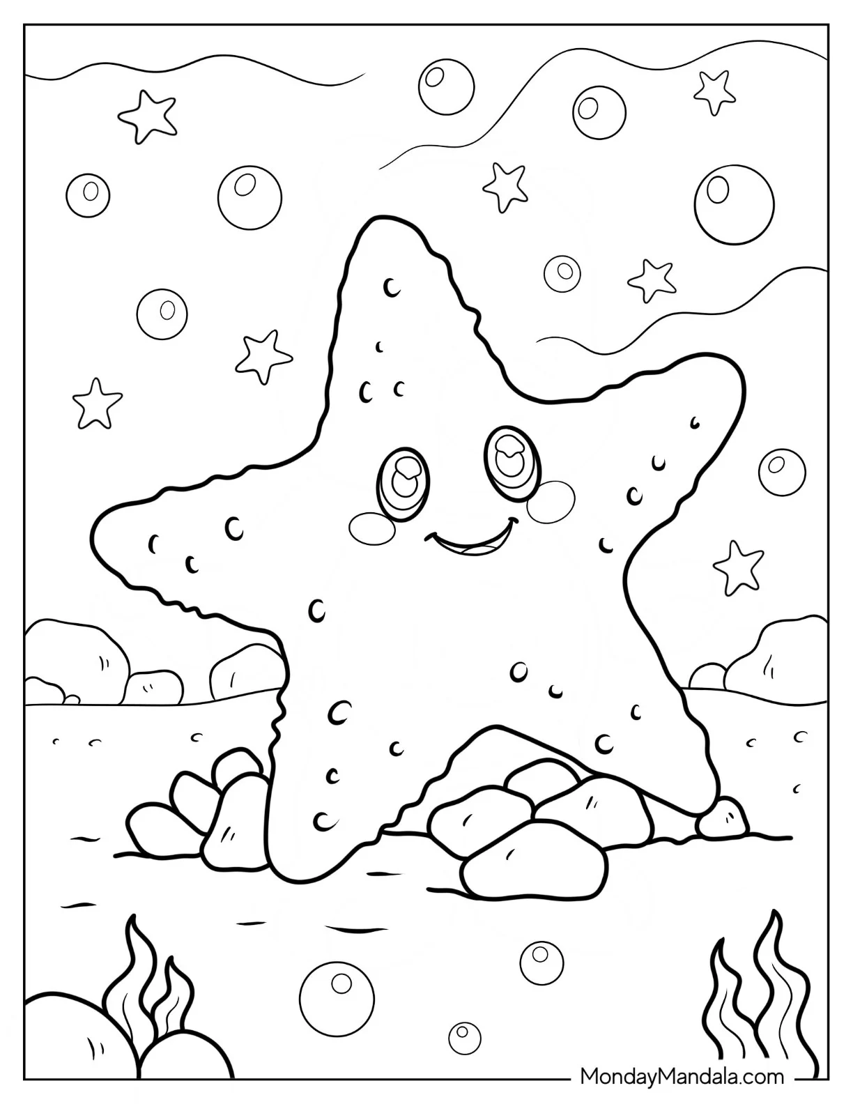 Starfish Coloring Page Surrounded By Bubbles Under The Sea coloring page — printable line art