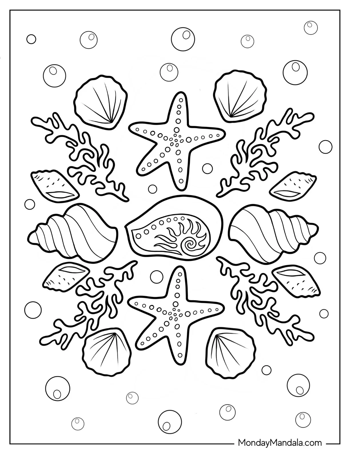 Starfish Coloring Page With Seashells And Seaweeds coloring page