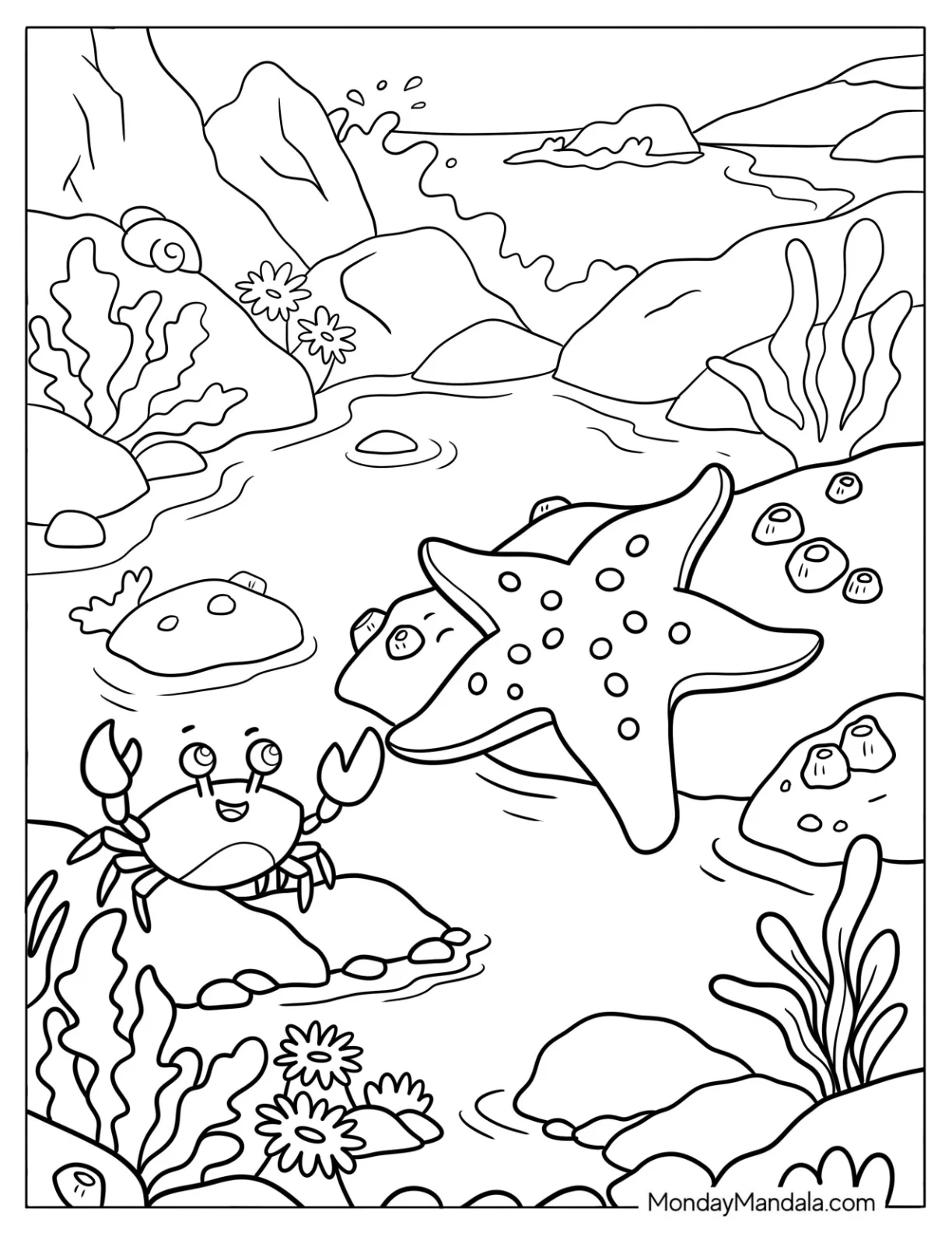 Starfish Resting on the Shore across a Crab Coloring Page coloring page