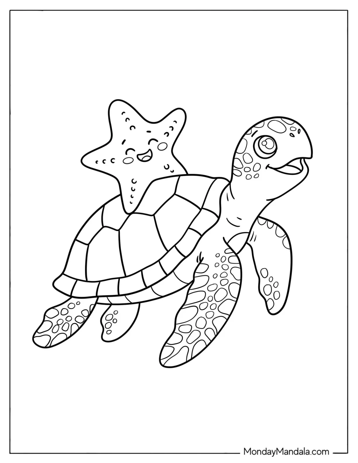 Starfish Riding on a Turtle s Back Coloring Page for Kids coloring page
