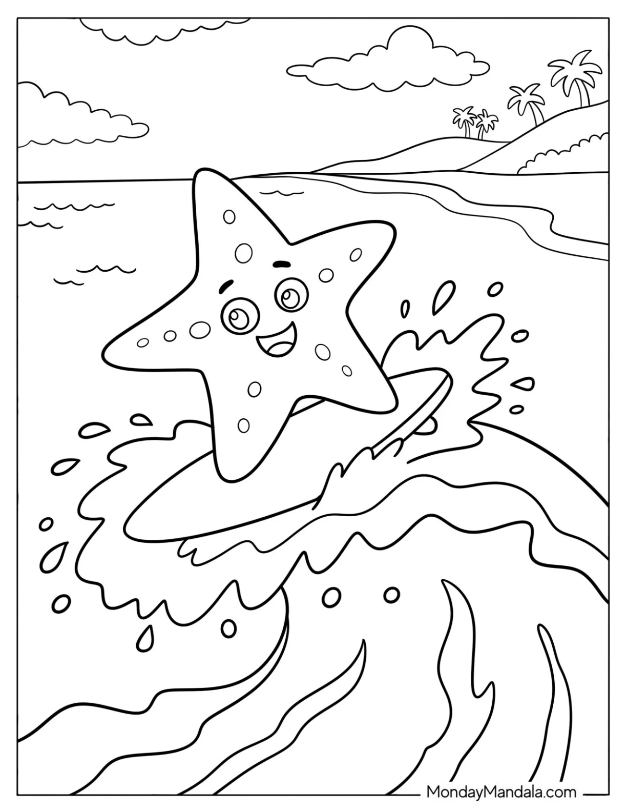 Starfish Surfing on a Massive Wave coloring page