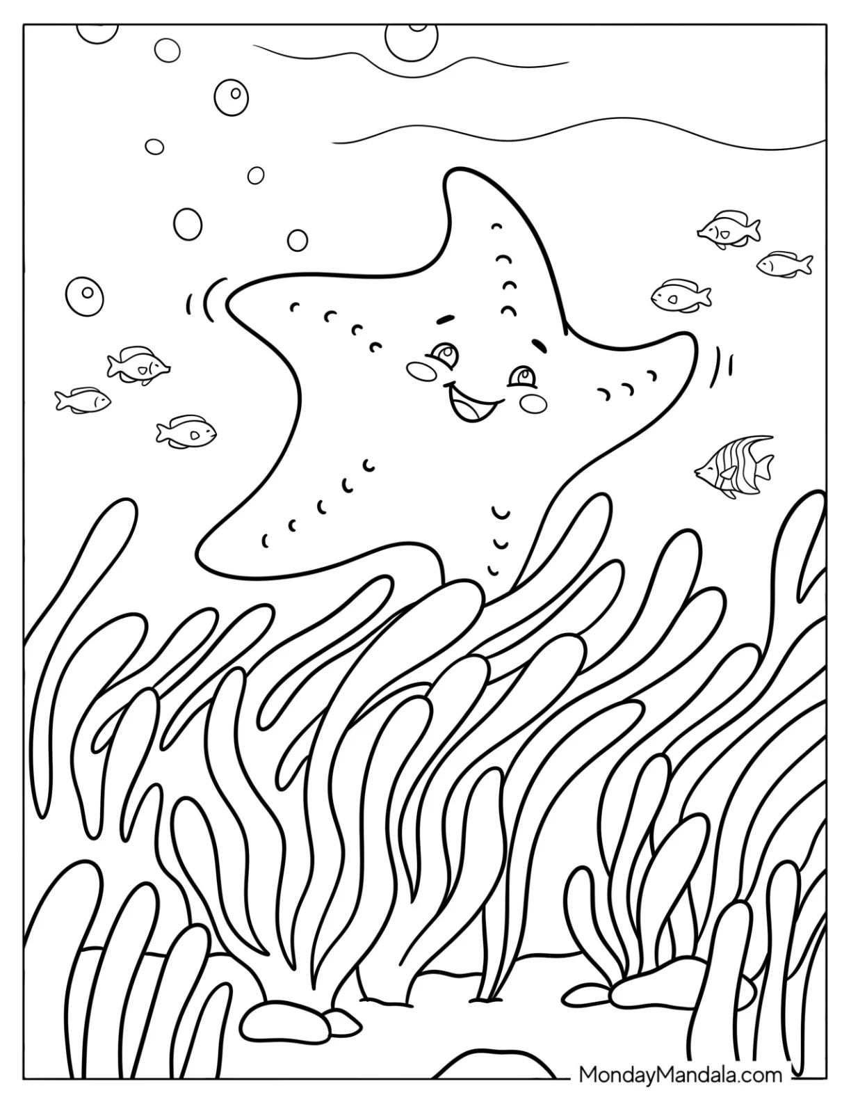 Starfish Swimming Above Seaweed Coloring Sheet for Kids coloring page