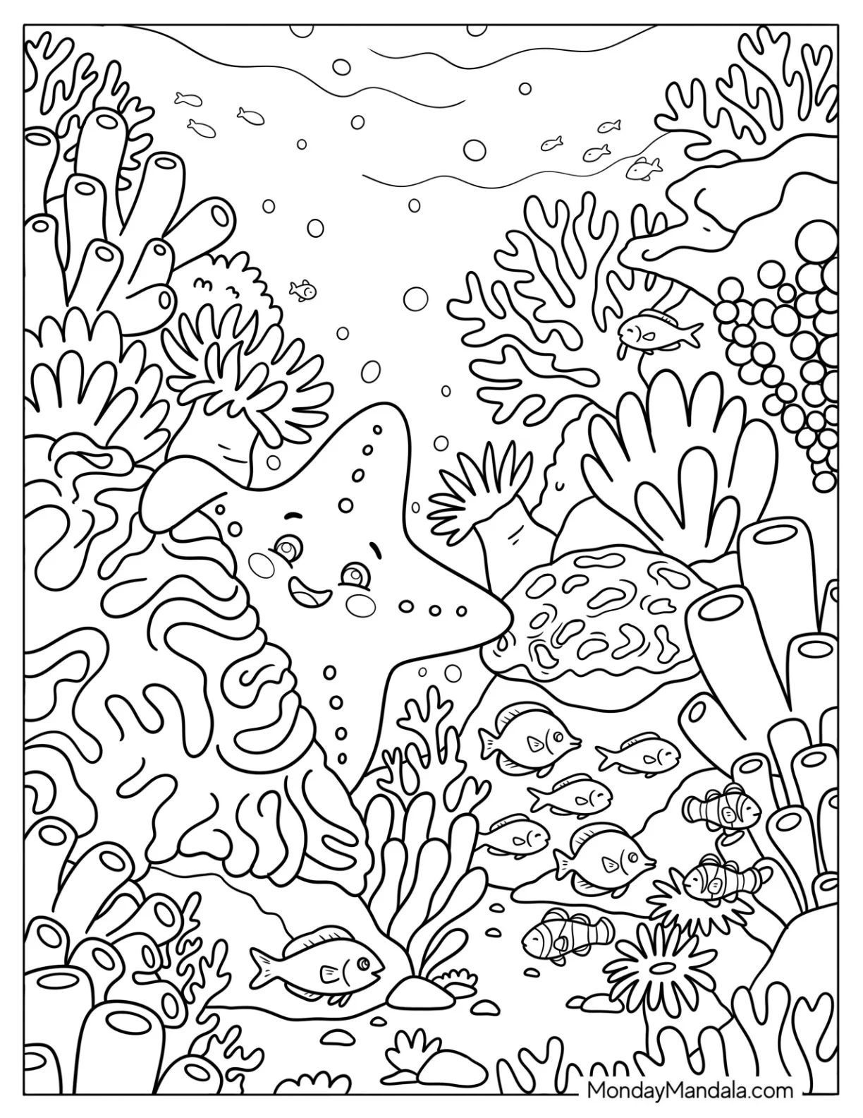 Starfish Waving from inside a Coral Reef coloring page
