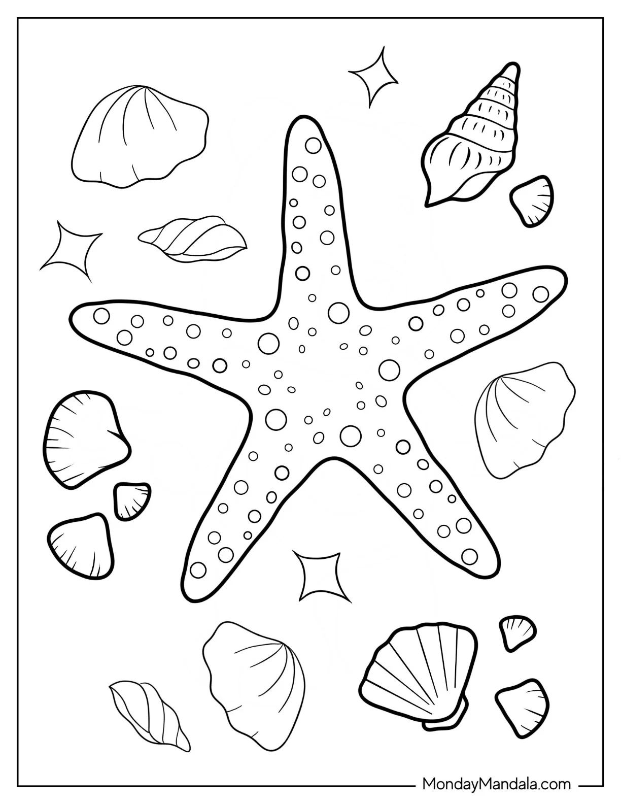 Textured Starfish Coloring Page With Seashells coloring page