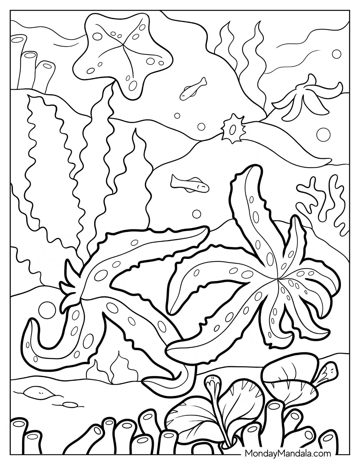 Two Starfish Coloring Page Crawling Along Coral Reef coloring page