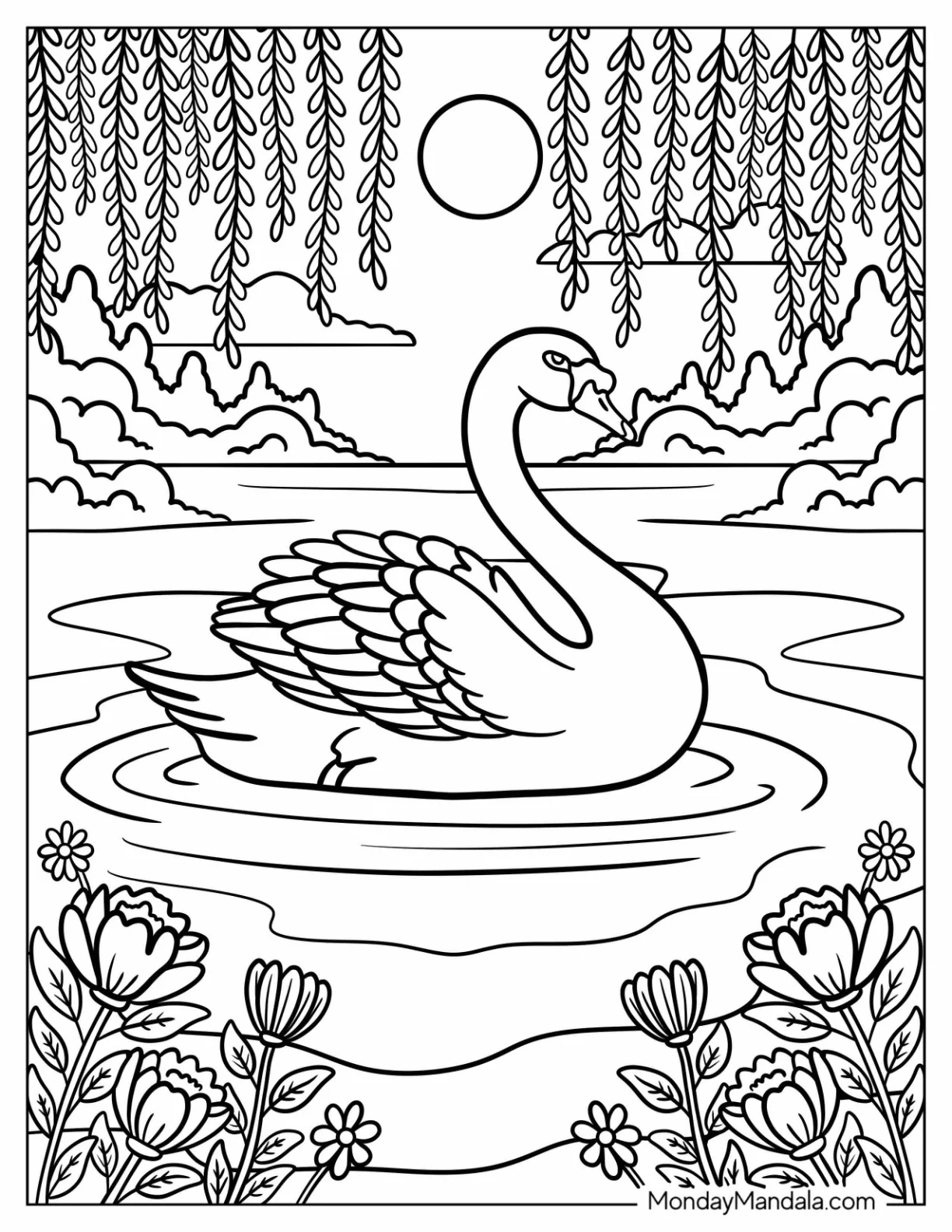 Adult Swan Coloring Page Resting Under Wisteria coloring page — printable line art