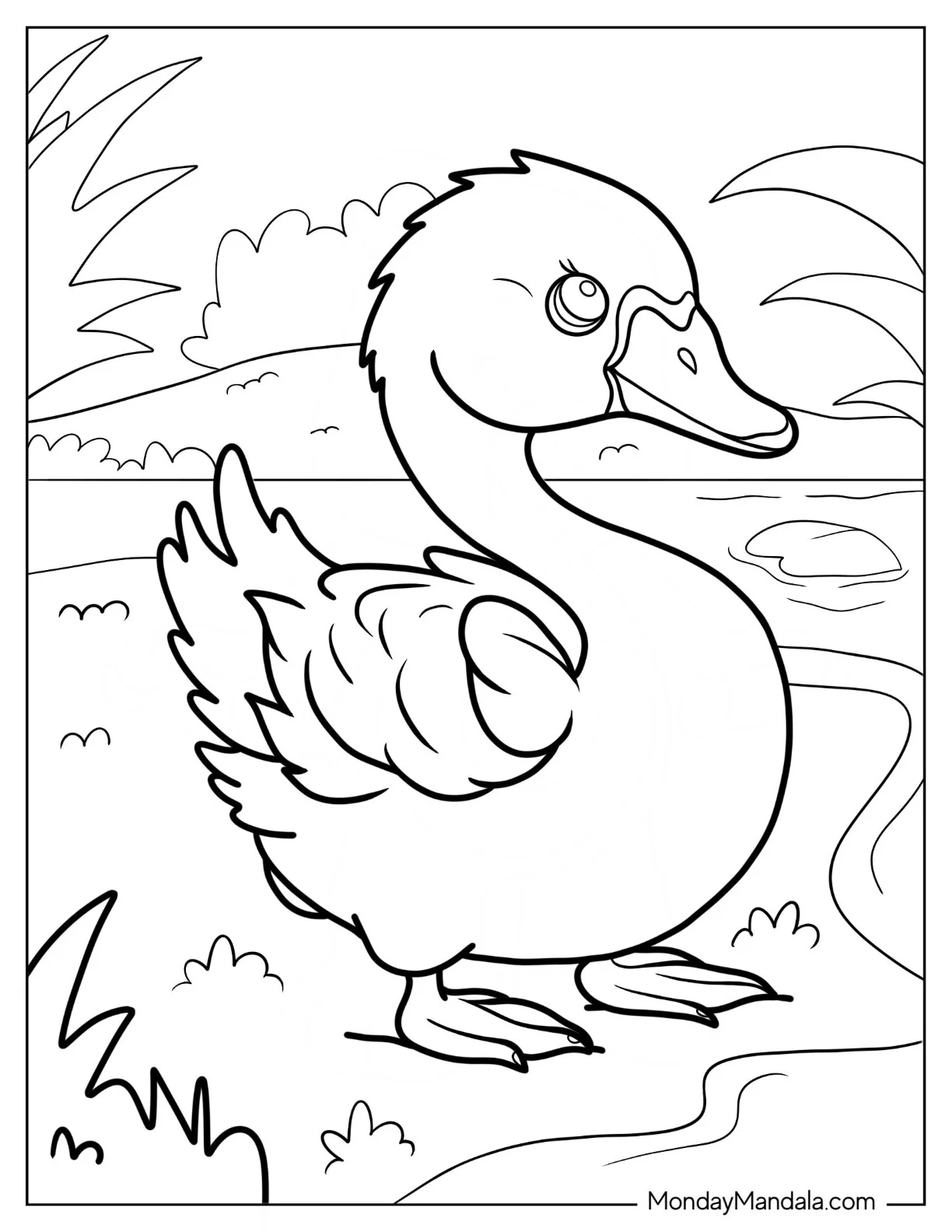 Baby Swan Coloring Page Emerging From Pond coloring page — printable line art