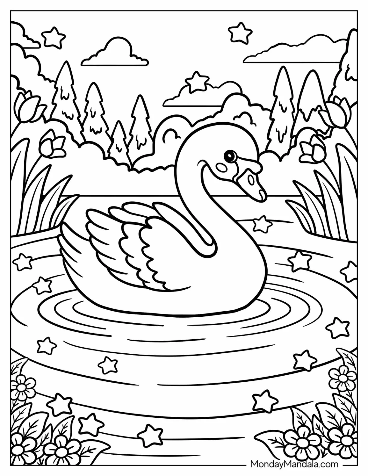 Baby Swan Coloring Page Resting in the Lake for Kids coloring page — printable line art
