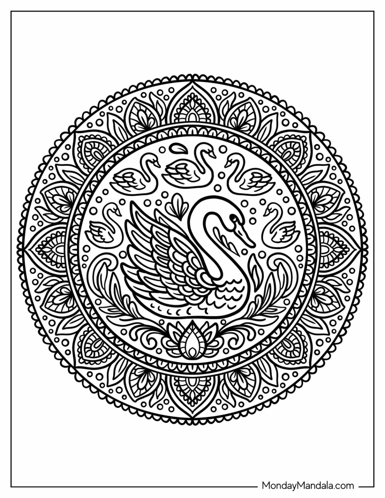 Beautiful Swan Coloring Page Mandala with Floral Elements coloring page — printable line art