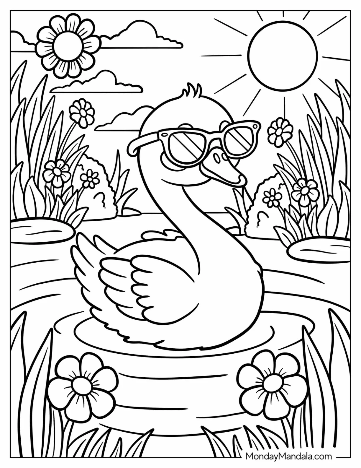 Cool Swan Coloring Page Wearing Sunglasses on the Pond for Kids coloring page — printable line art