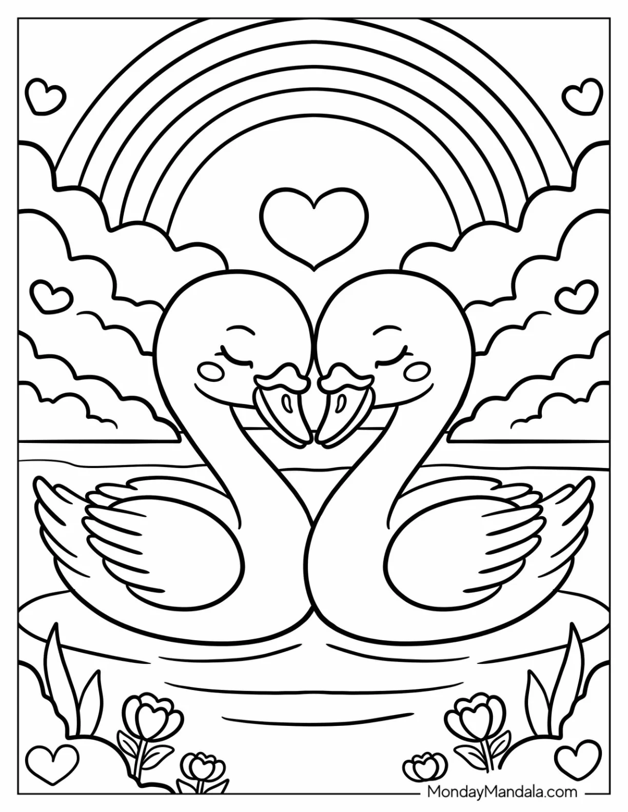 Cute Baby Swan Coloring Page with Rainbow and Love Hearts for Kids coloring page