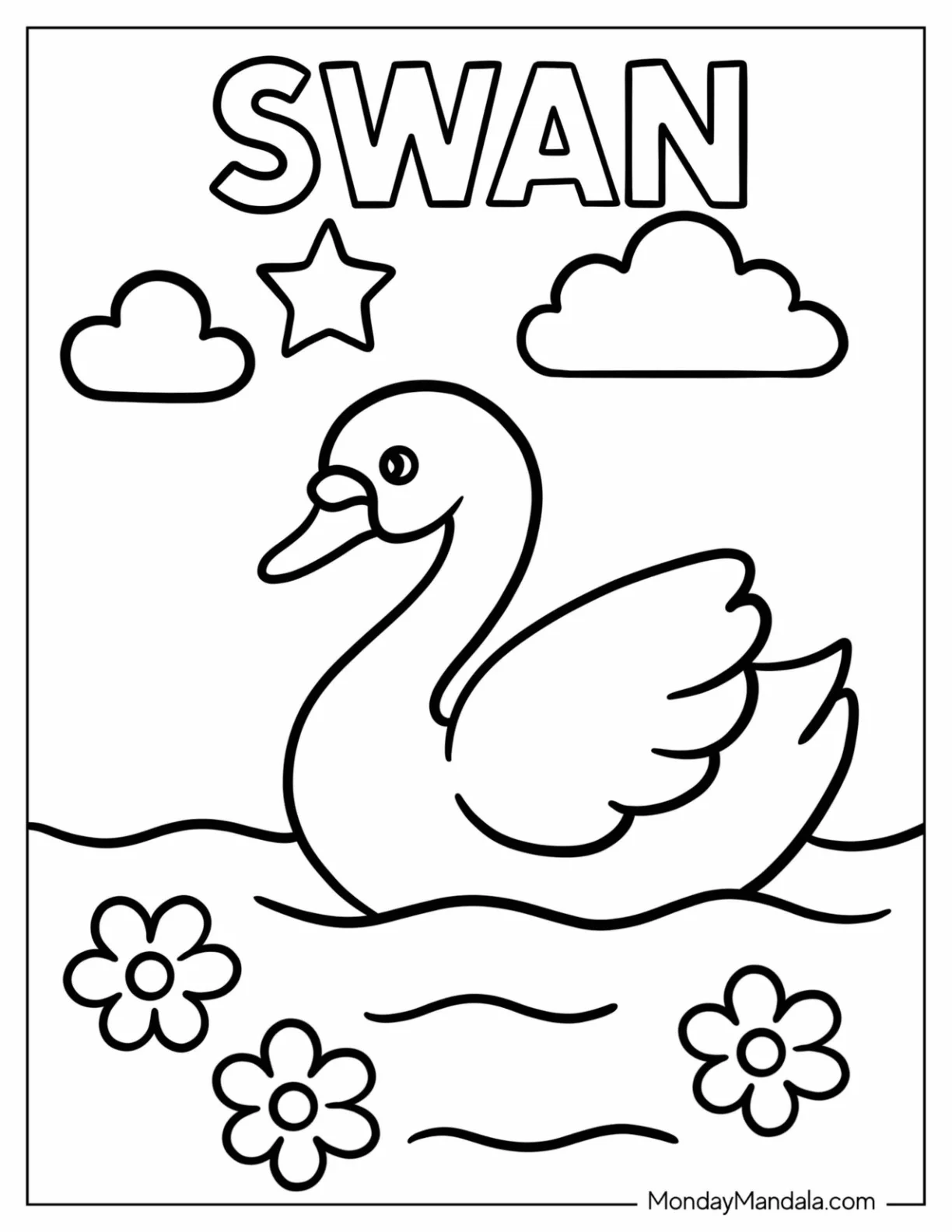 Easy Swan Coloring Page with Flowers, Clouds, and Text for Preschoolers coloring page — printable line art