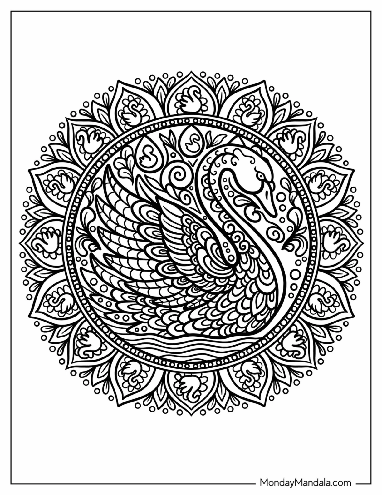 Elegant Swan Coloring Page Mandala with Flower Petal Patterns coloring page — printable line art