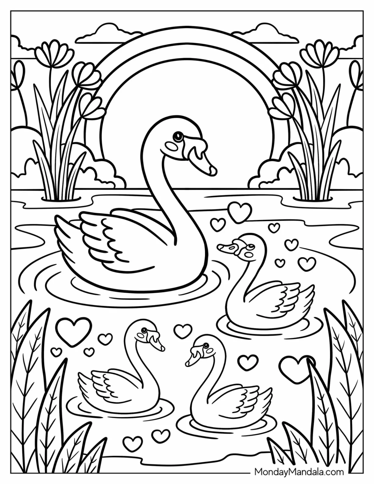 Mother Swan Coloring Page with Baby Swan for Kids coloring page — printable line art