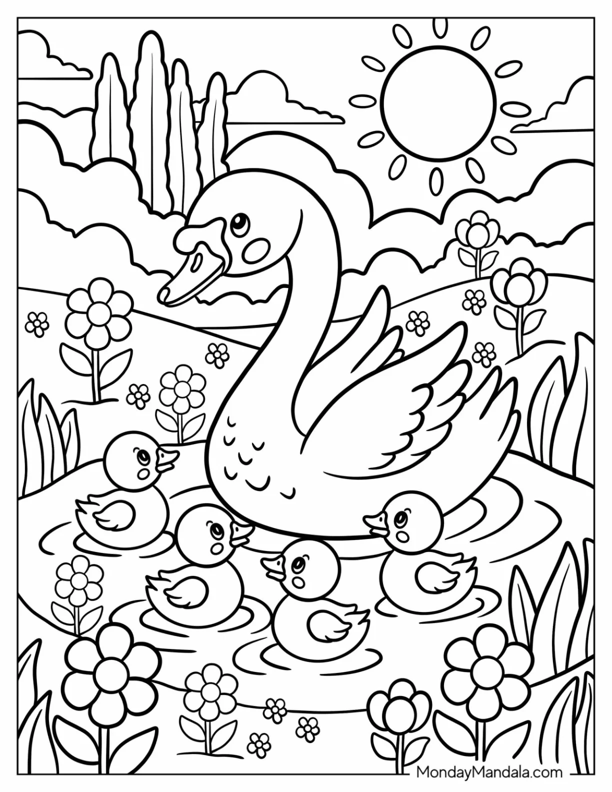 Mother Swan Coloring Page with Cygnets on a Pond for Kids coloring page