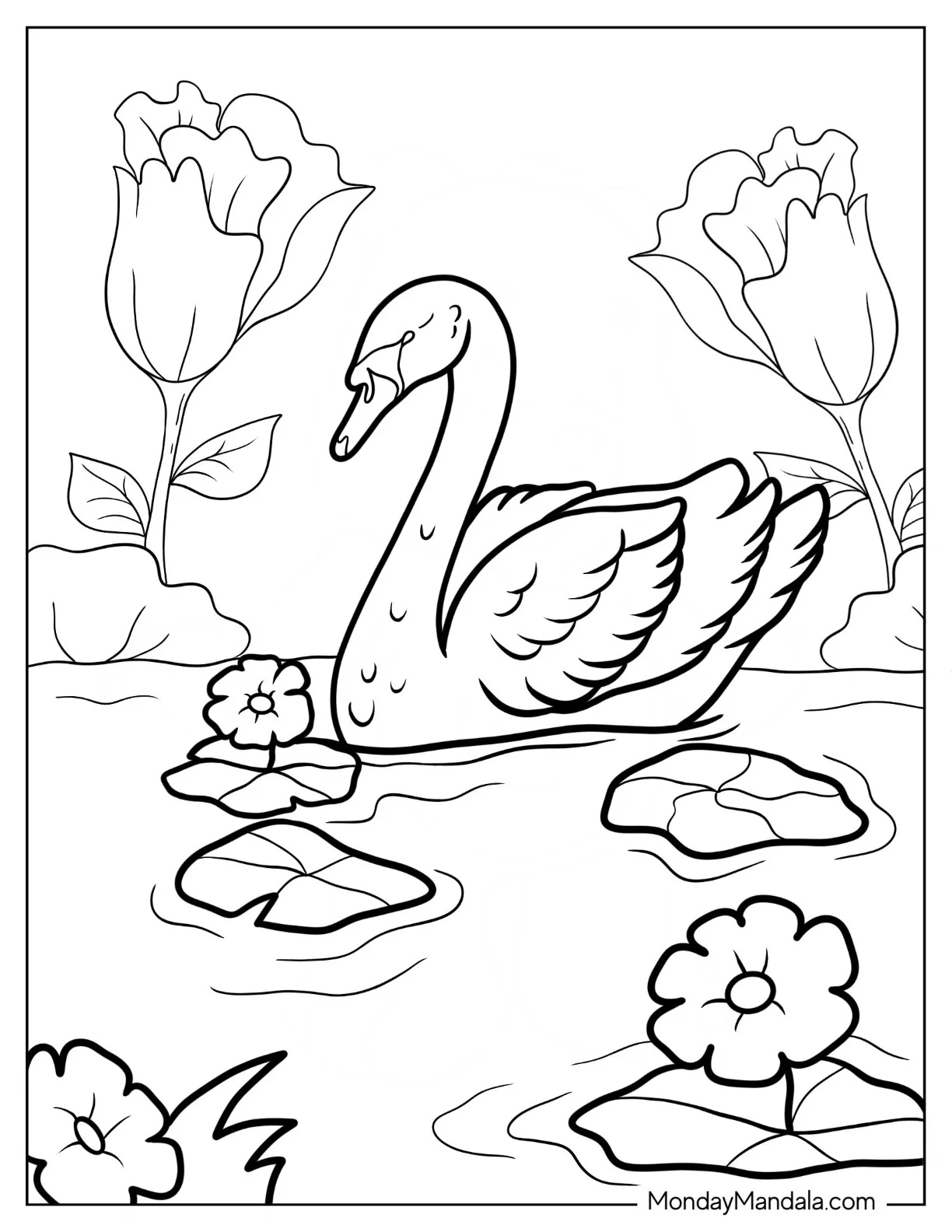 Regal Swan Coloring Page Floating In Pond With Large Flowers coloring page