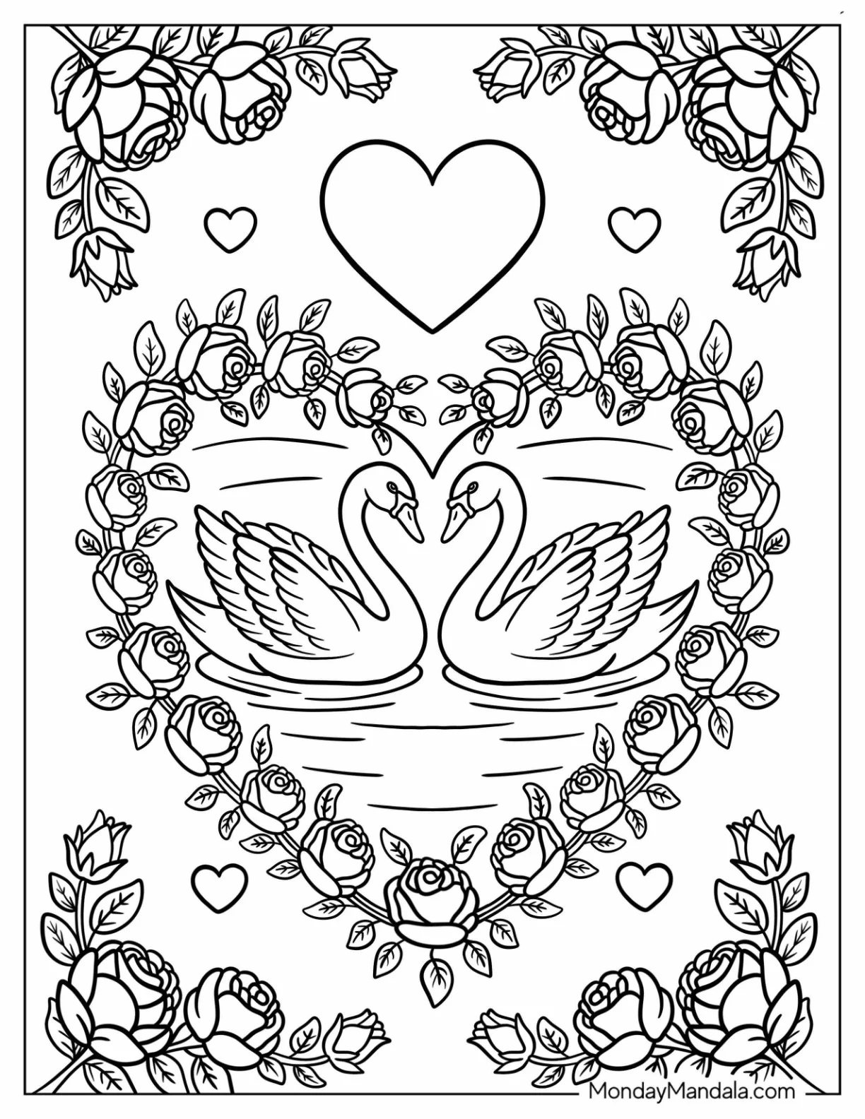 Romantic Swan Coloring Page inside a Love Heart Made of Roses coloring page