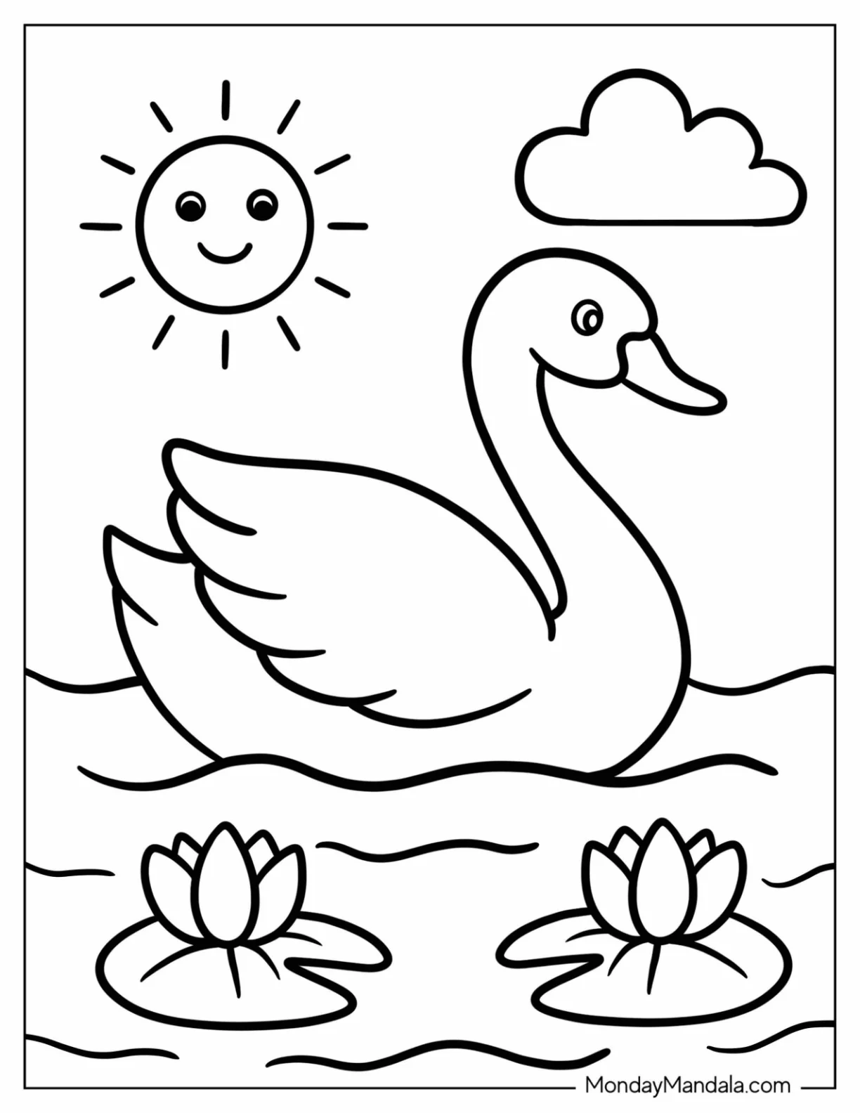 Simple Swan Coloring Page with Lotus Flowers and Sun for Kids coloring page