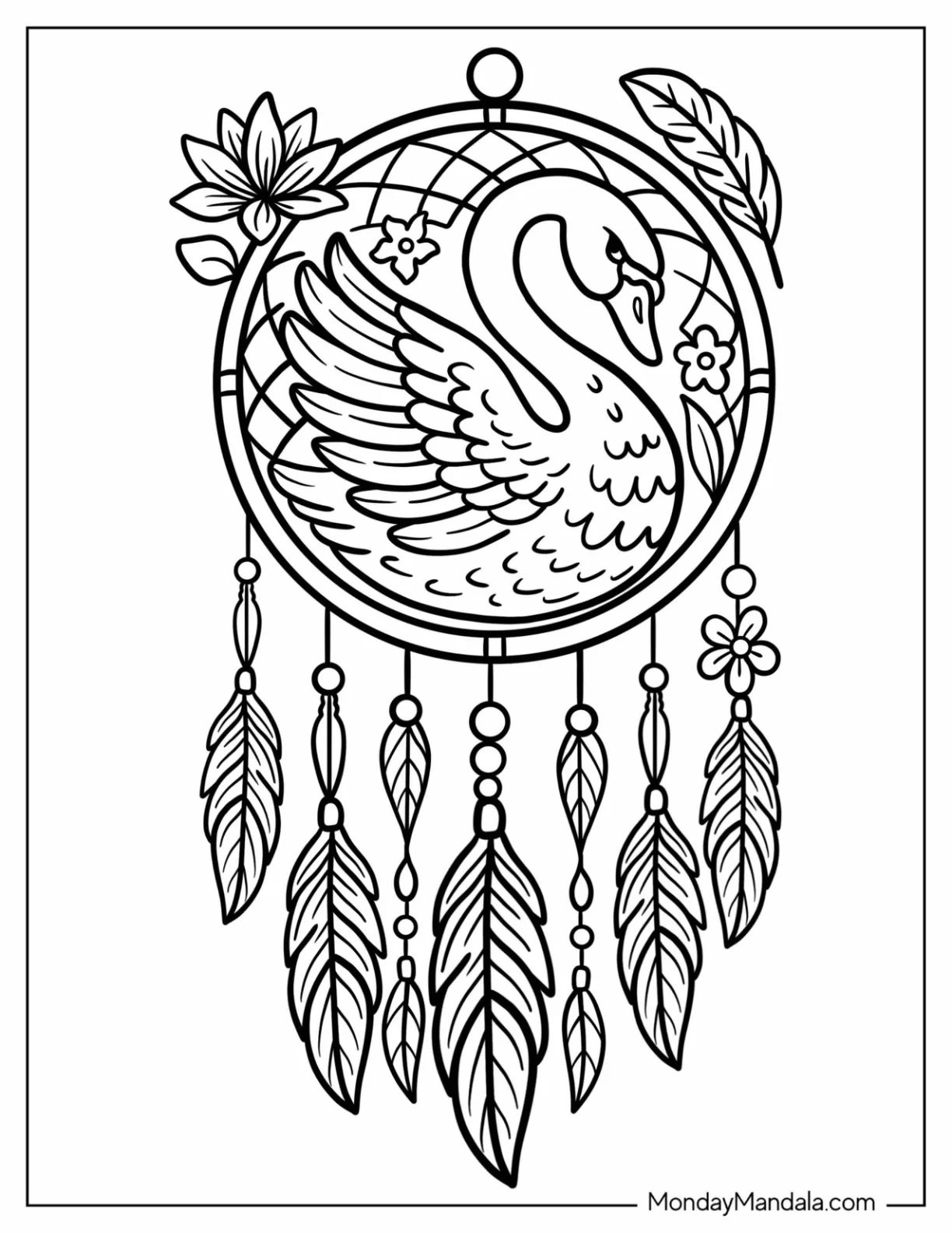 Swan Coloring Page Dreamcatcher with Flowers and Feathers coloring page
