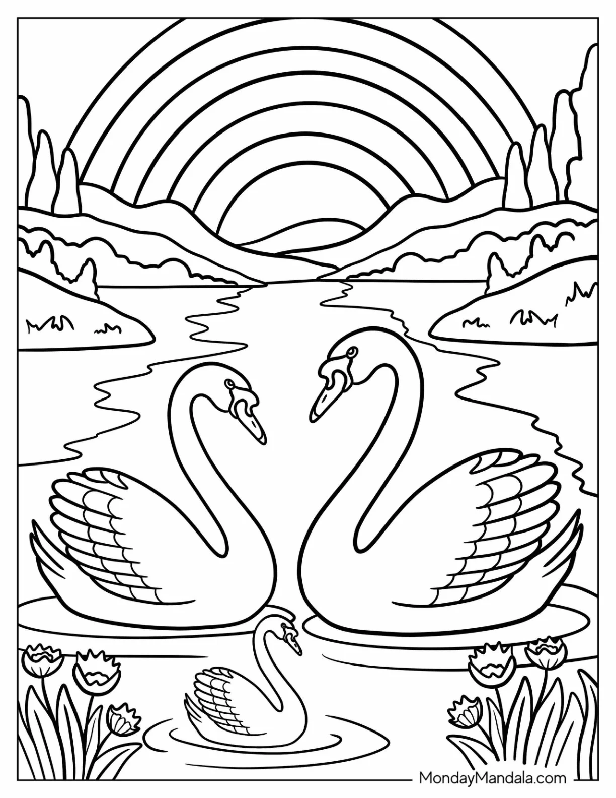 Swan Coloring Page Family on a Pond with Flowers coloring page