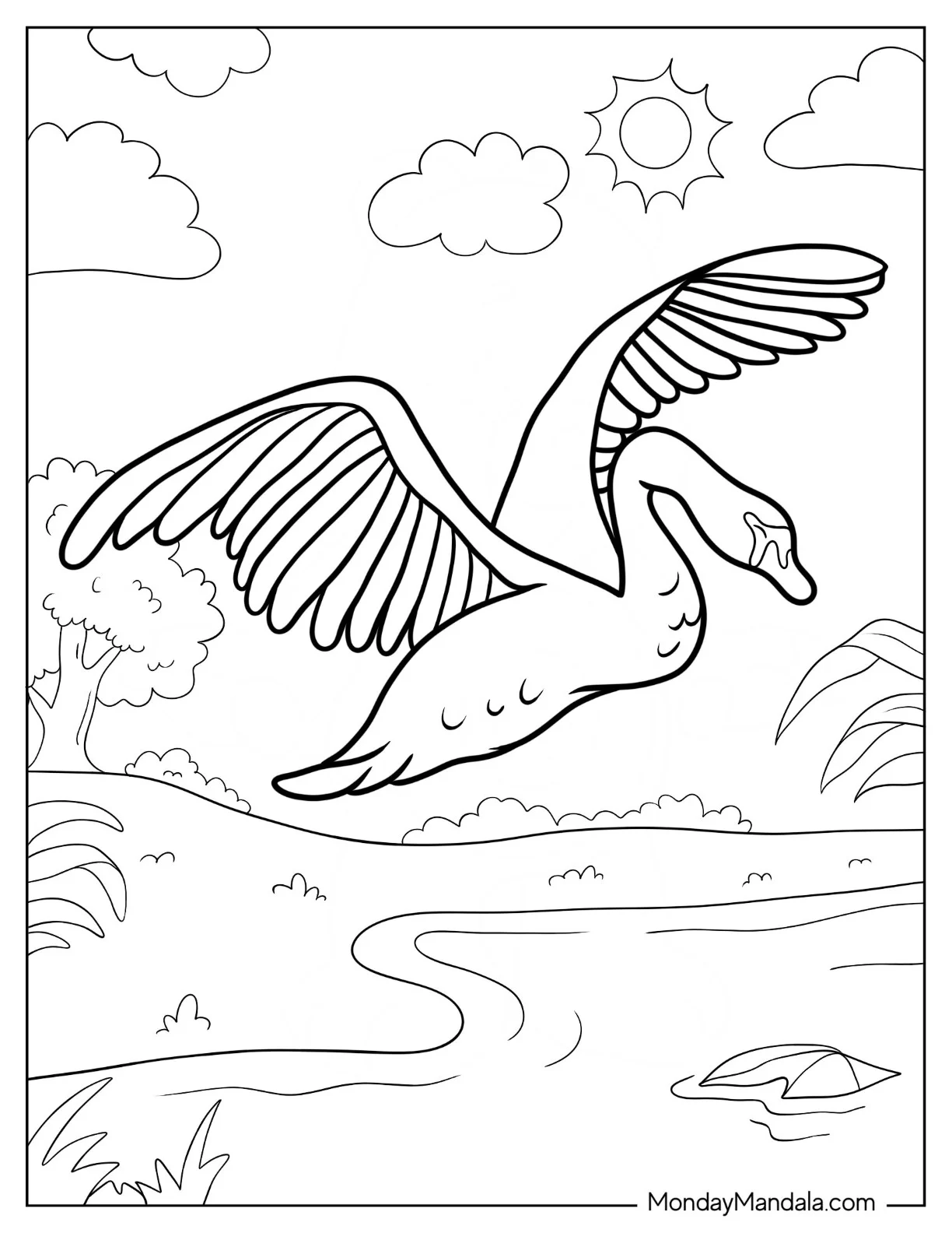 Swan Coloring Page Flying coloring page — printable line art