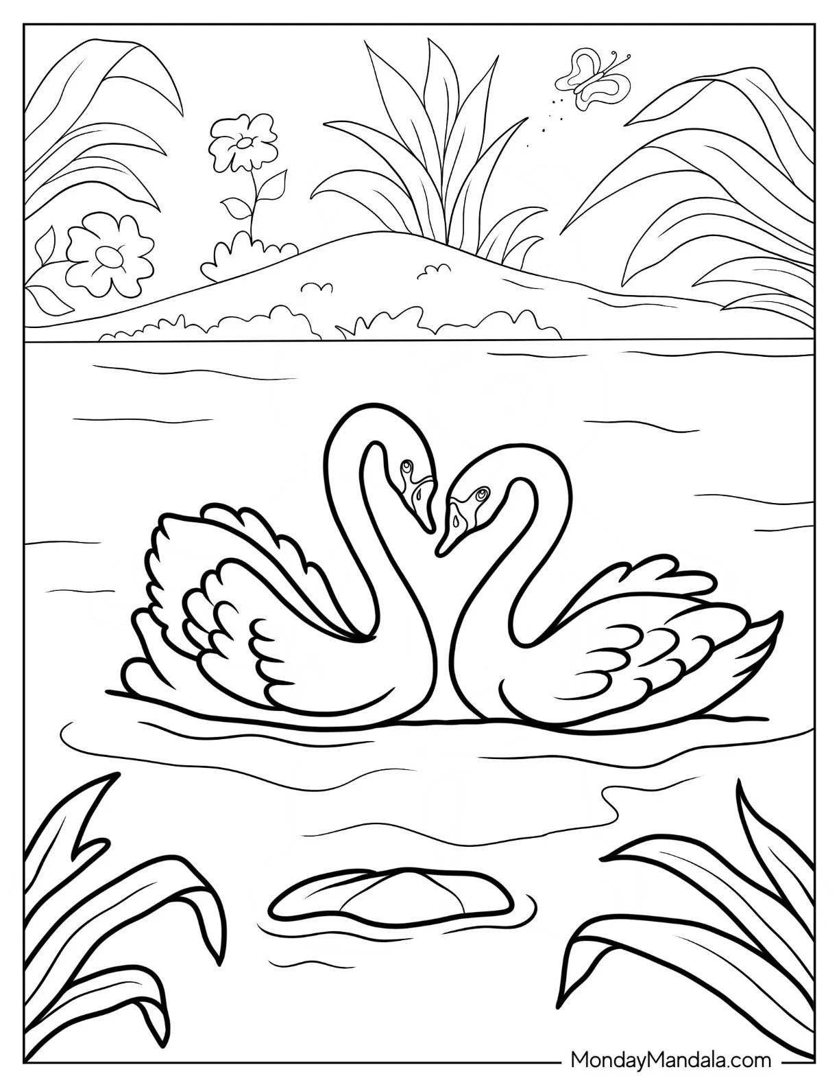 Swan Coloring Page Forming Heart Shape With Their Necks coloring page — printable line art