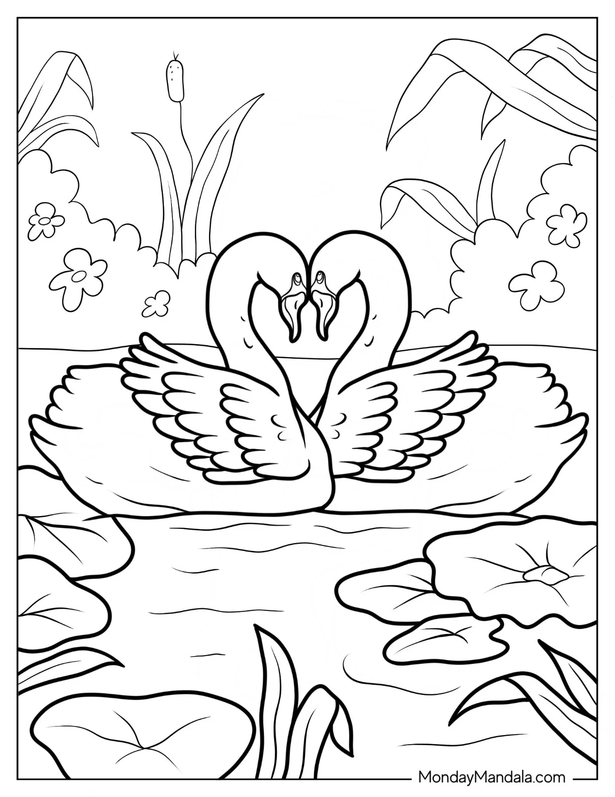 Swan Coloring Page Forming Heart With Their Heads coloring page — printable line art
