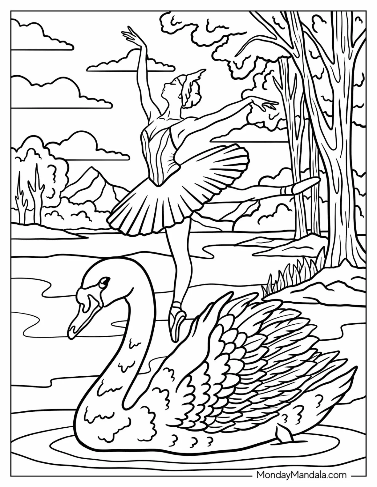 Swan Coloring Page Swimming Past a Ballerina Dancing coloring page