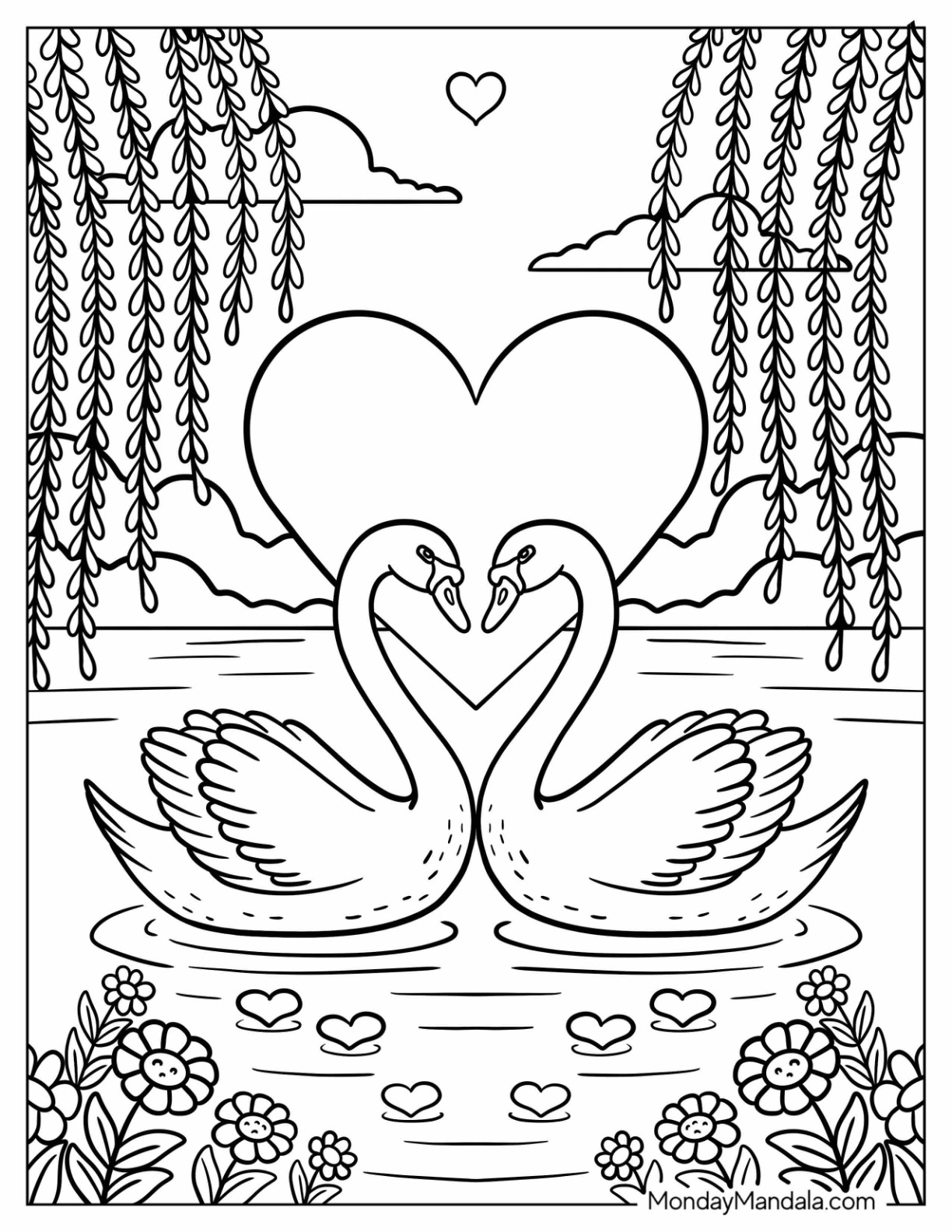 Two Swan Coloring Page Forming a Heart in the Water coloring page