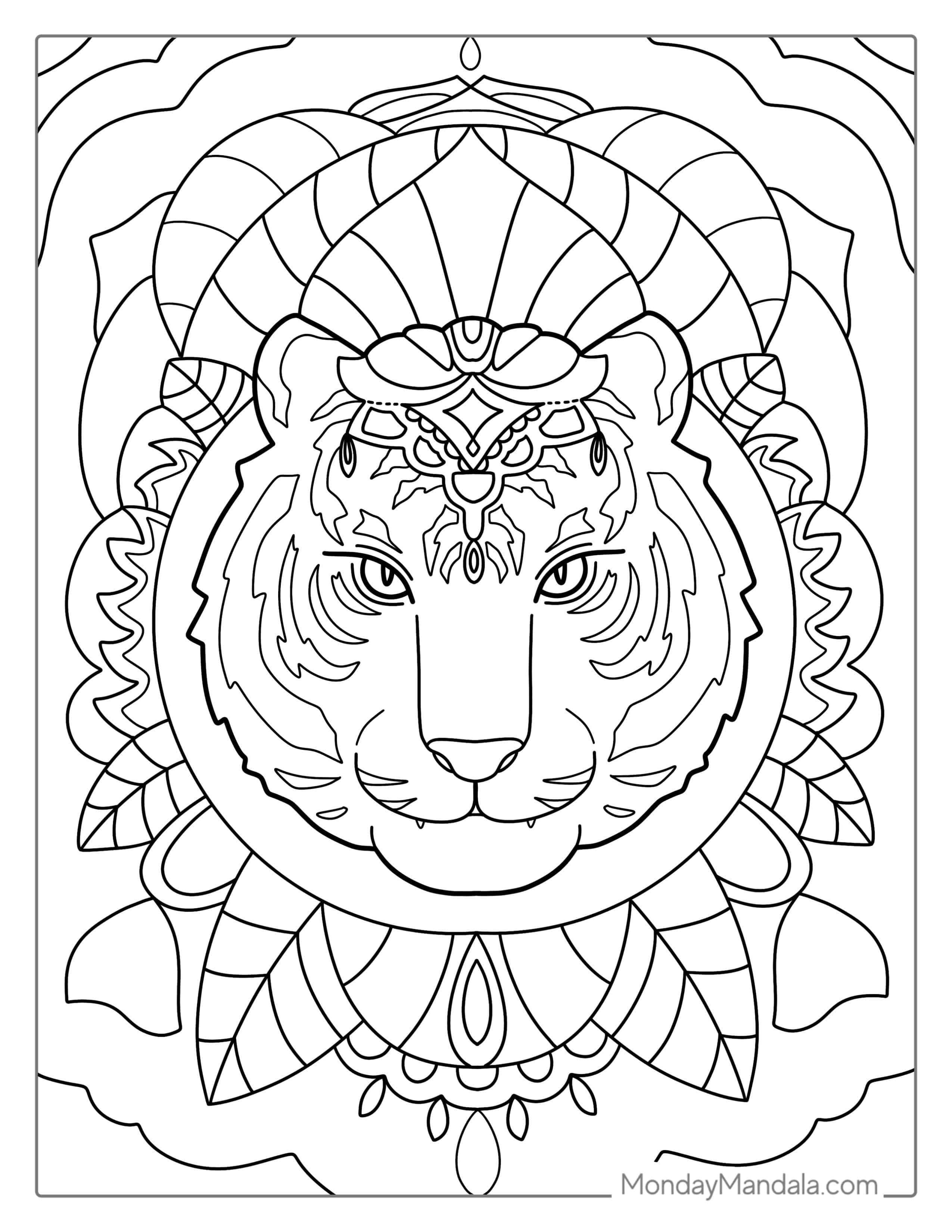 Detailed Mandala Tiger For Adults coloring page — printable line art