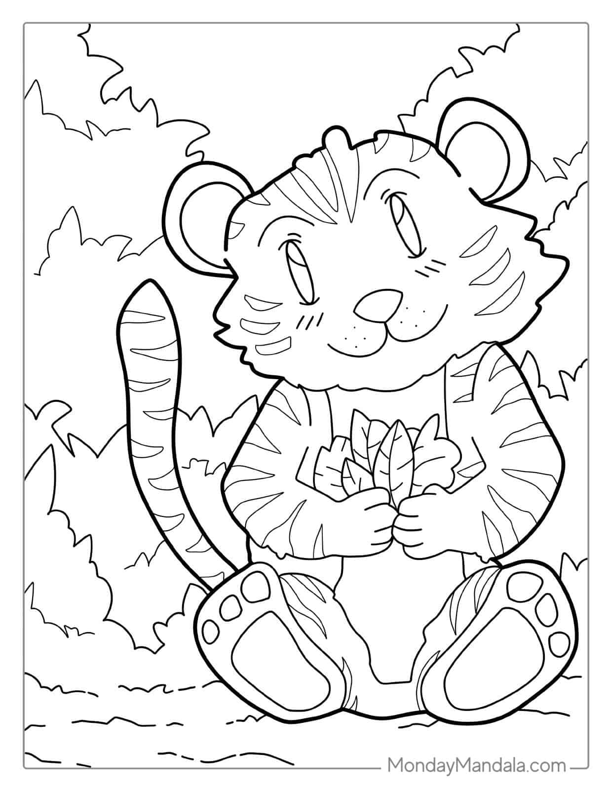 Happy Tiger In Jungle Coloring For Kids coloring page — printable line art