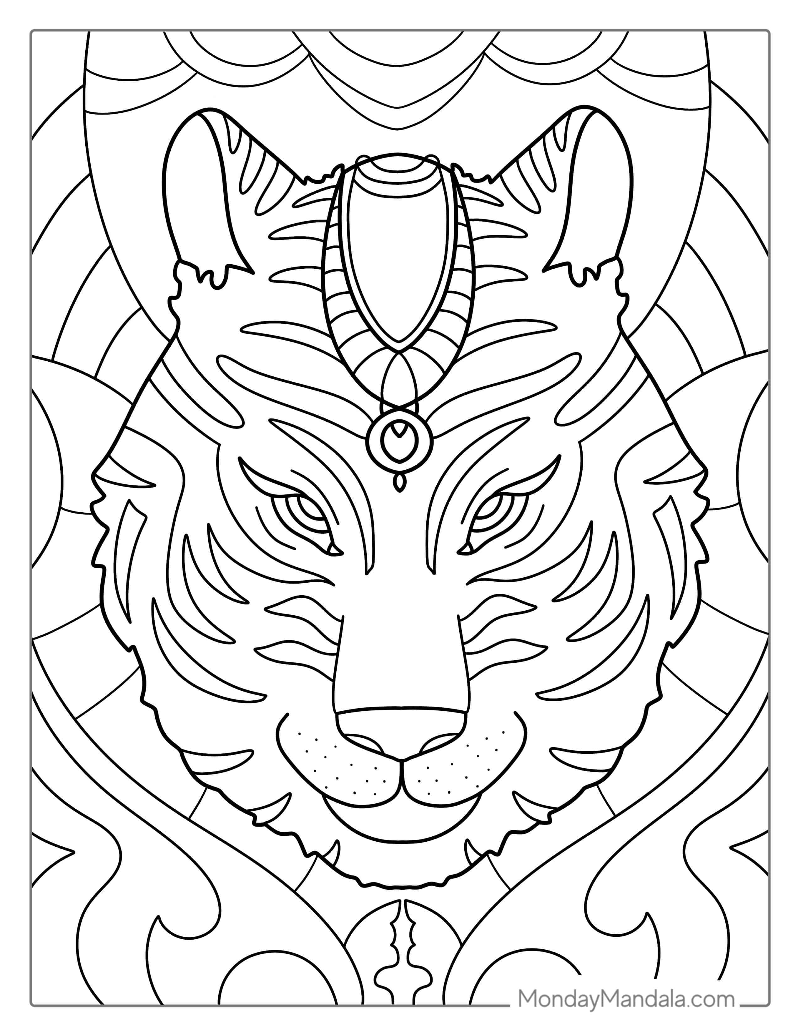 Indian Style Tiger Mandala For Adults coloring page — printable line art