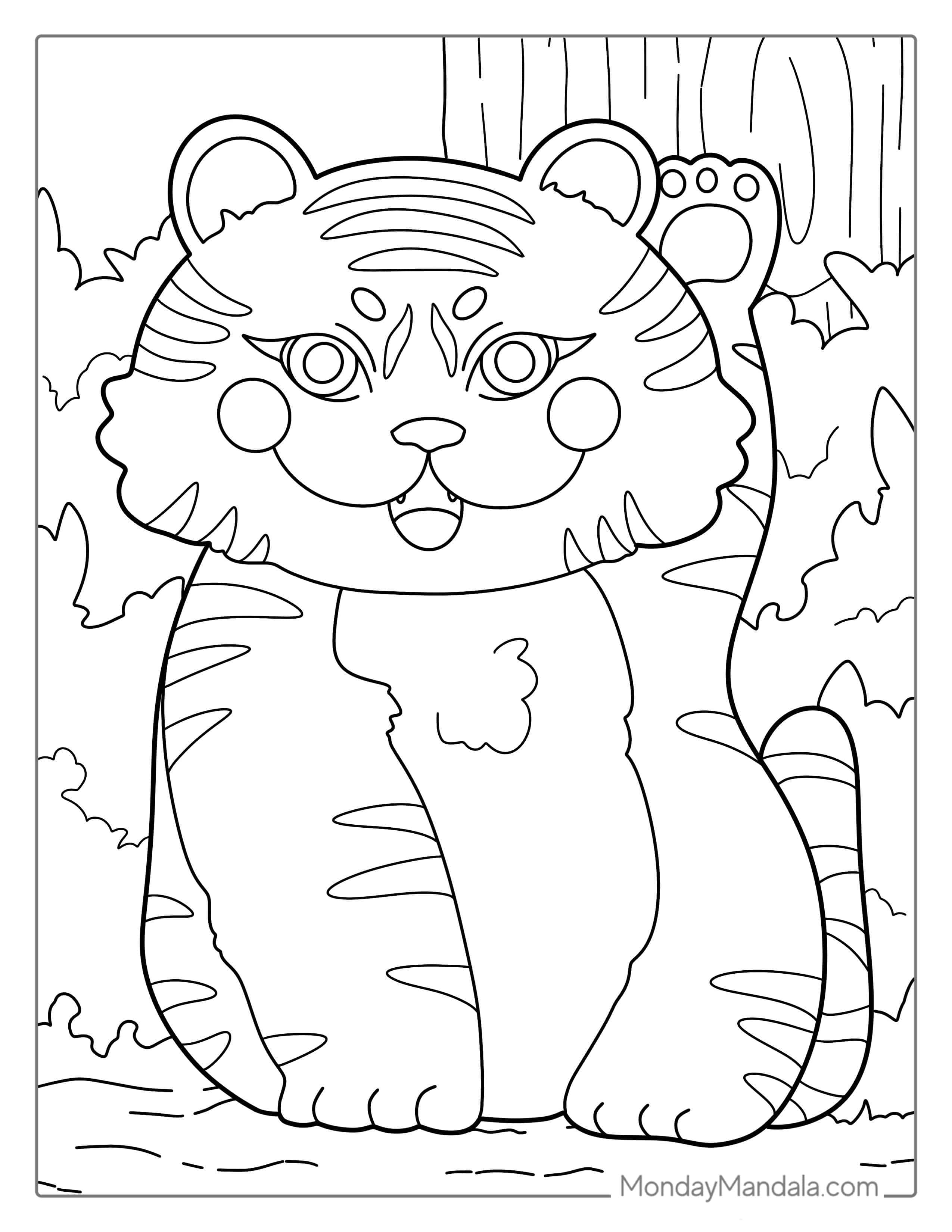 Smiling Tiger With Cute Paws Coloring Page coloring page — printable line art