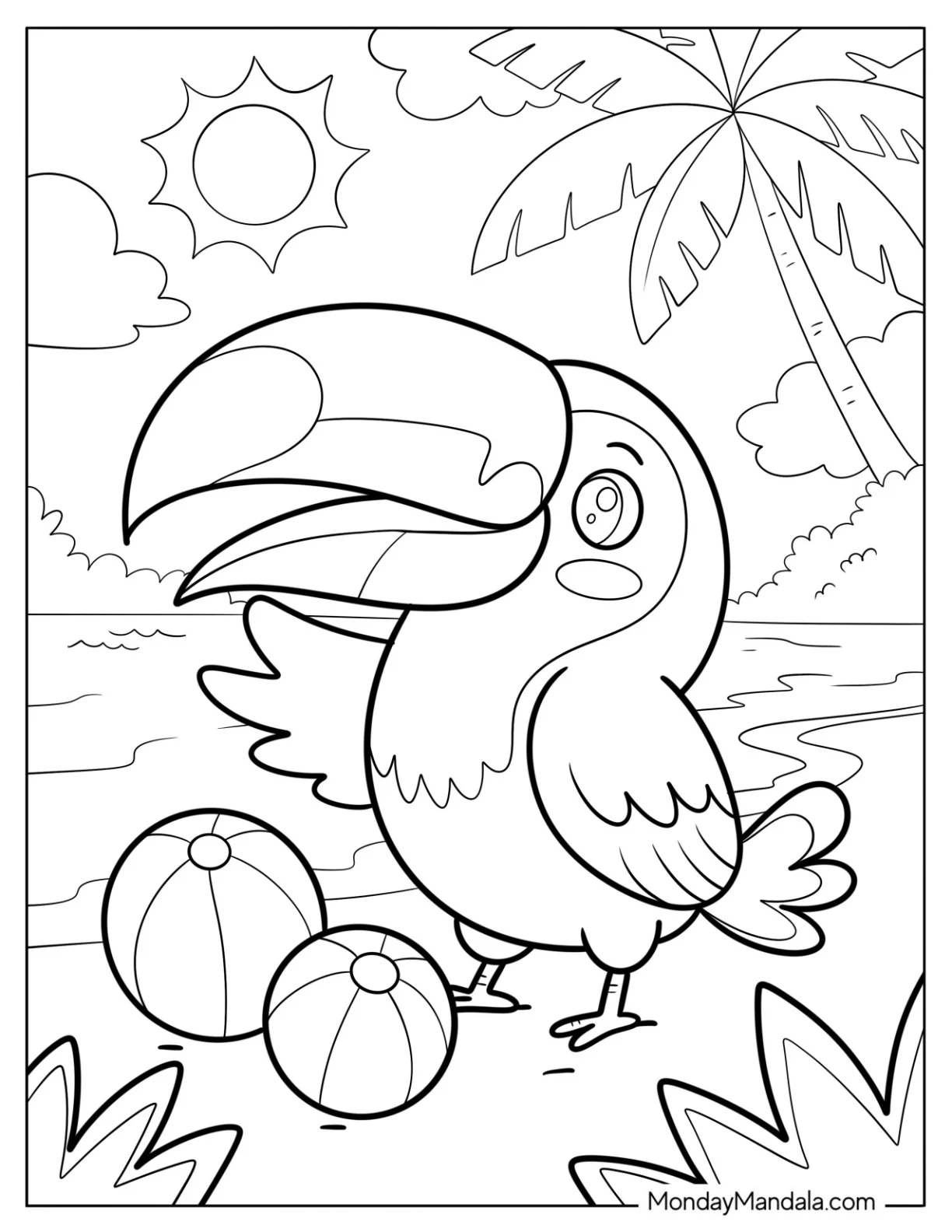 Adorable Toucan Coloring Page with Beach Balls coloring page