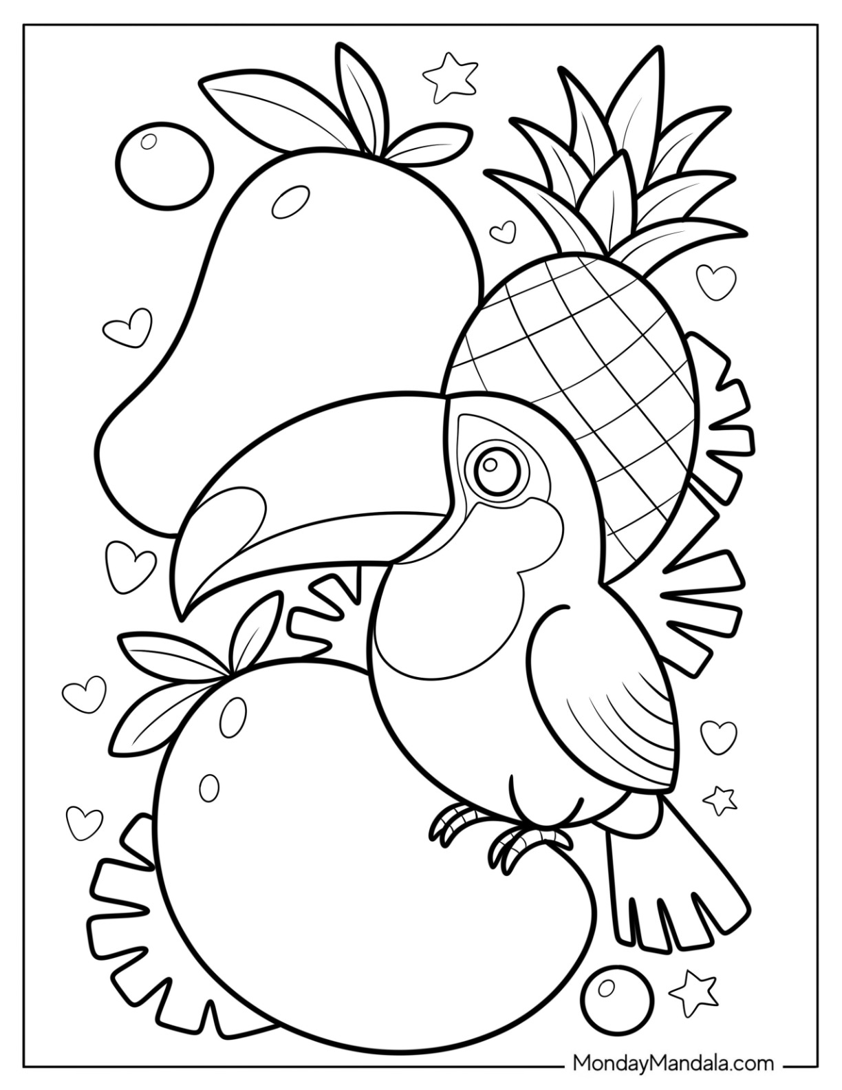 Baby Toucan Coloring Page with Mangoes and Pineapple Background for Kids coloring page