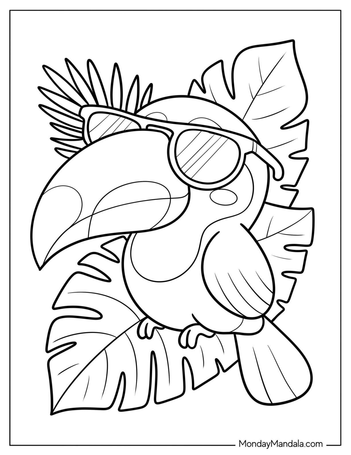 Cool Toucan Coloring Page with Sunglasses and Leafy Background for Kids coloring page