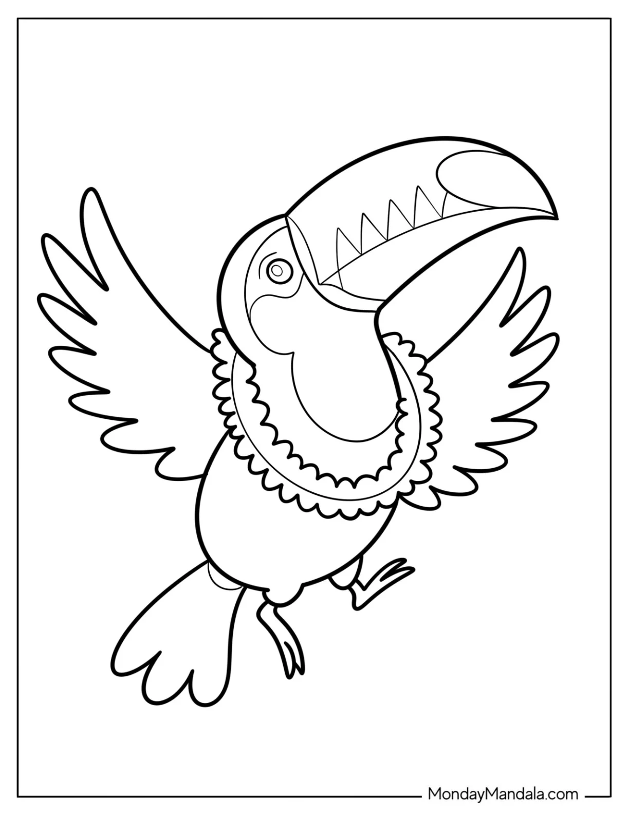 Easy Toucan Coloring Page Flying with Leafy Necklace around Its Neck for Preschoolers coloring page