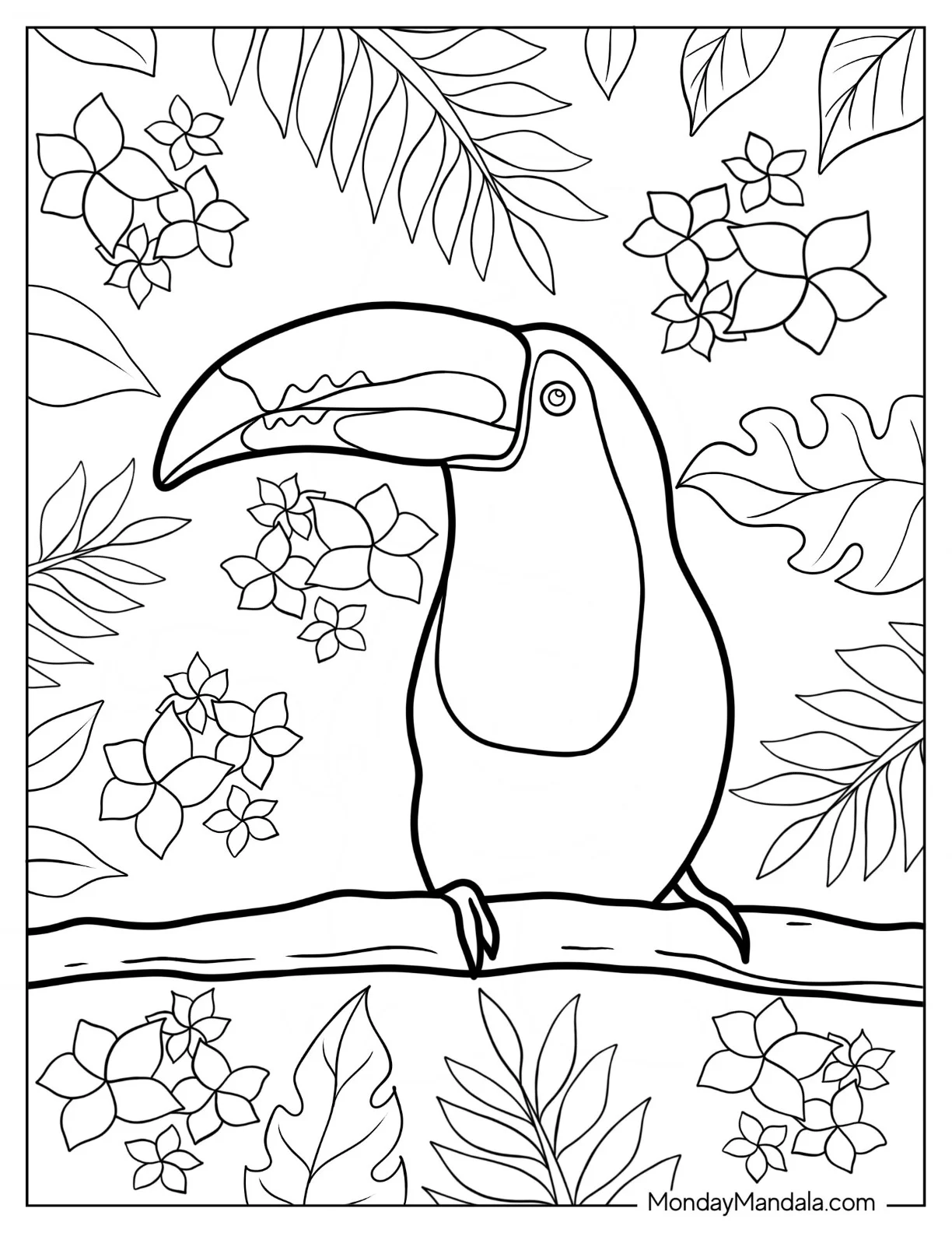 Easy Toucan Coloring Page With Flowers And Leaves coloring page