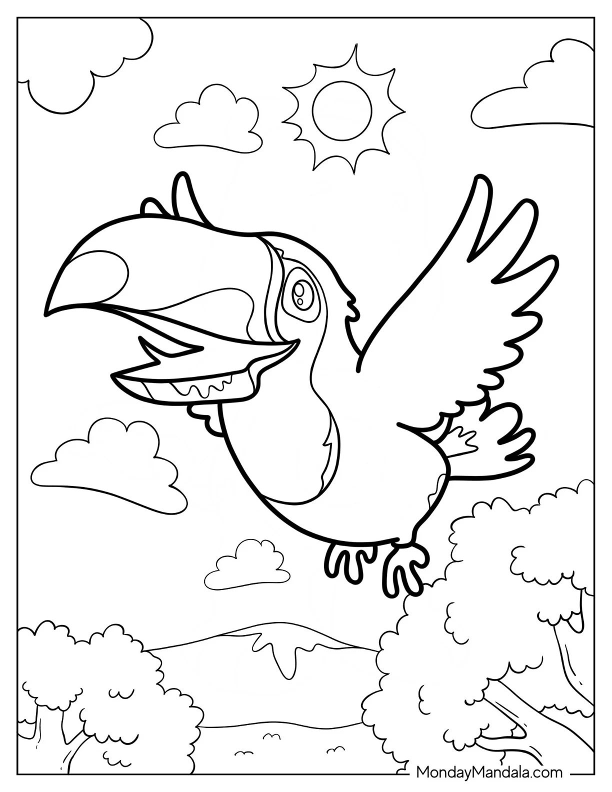 Happy Cartoon Toucan Coloring Page Flying For Preschoolers coloring page