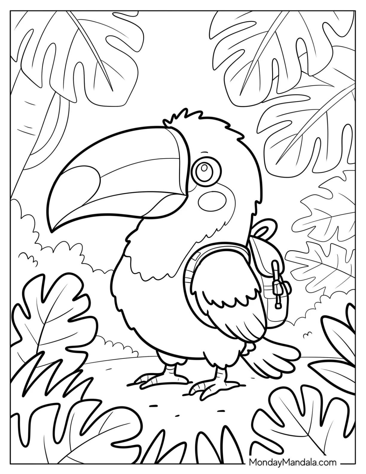 HIking Toucan Coloring Page with Backpack in the Jungle  for Kids coloring page