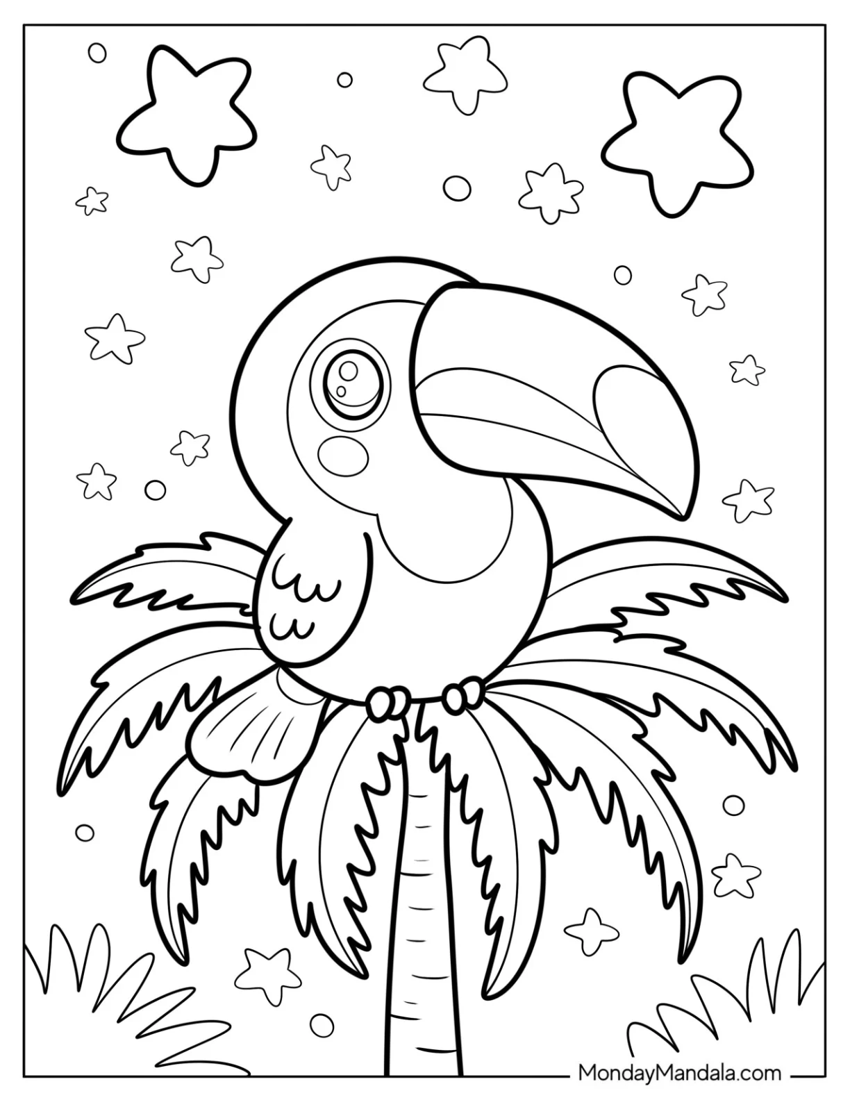 Kawaii Toucan Coloring Page Sitting on Top of a Coconut Tree for Preschoolers coloring page