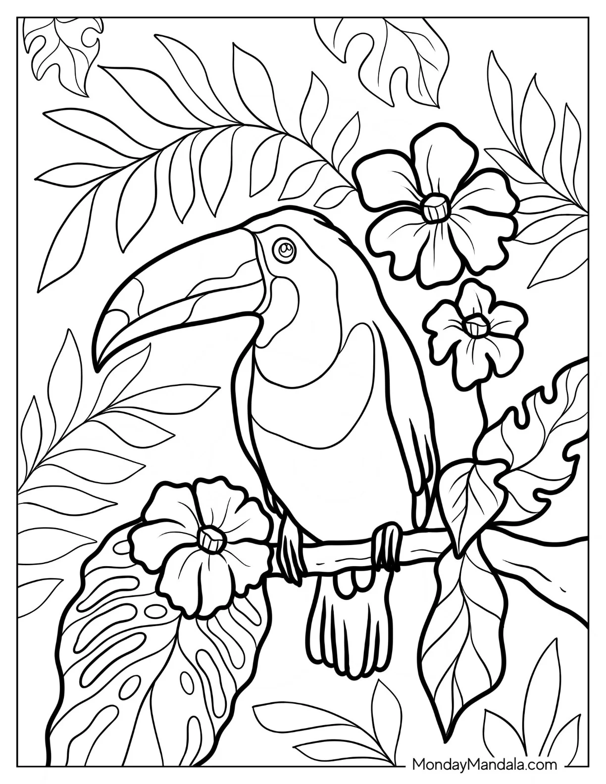 Realistic Toucan Coloring Page Perched On Branch With Flowers coloring page — printable line art