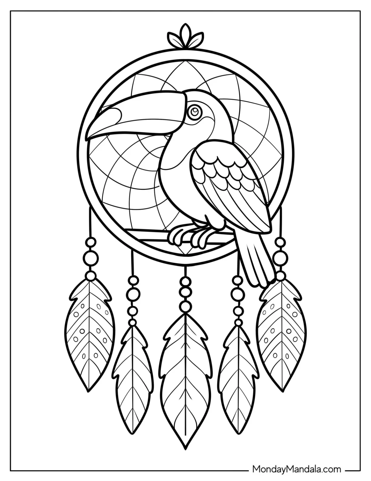 Toucan Coloring Page Dreamcatcher with Beads and Feathers coloring page — printable line art