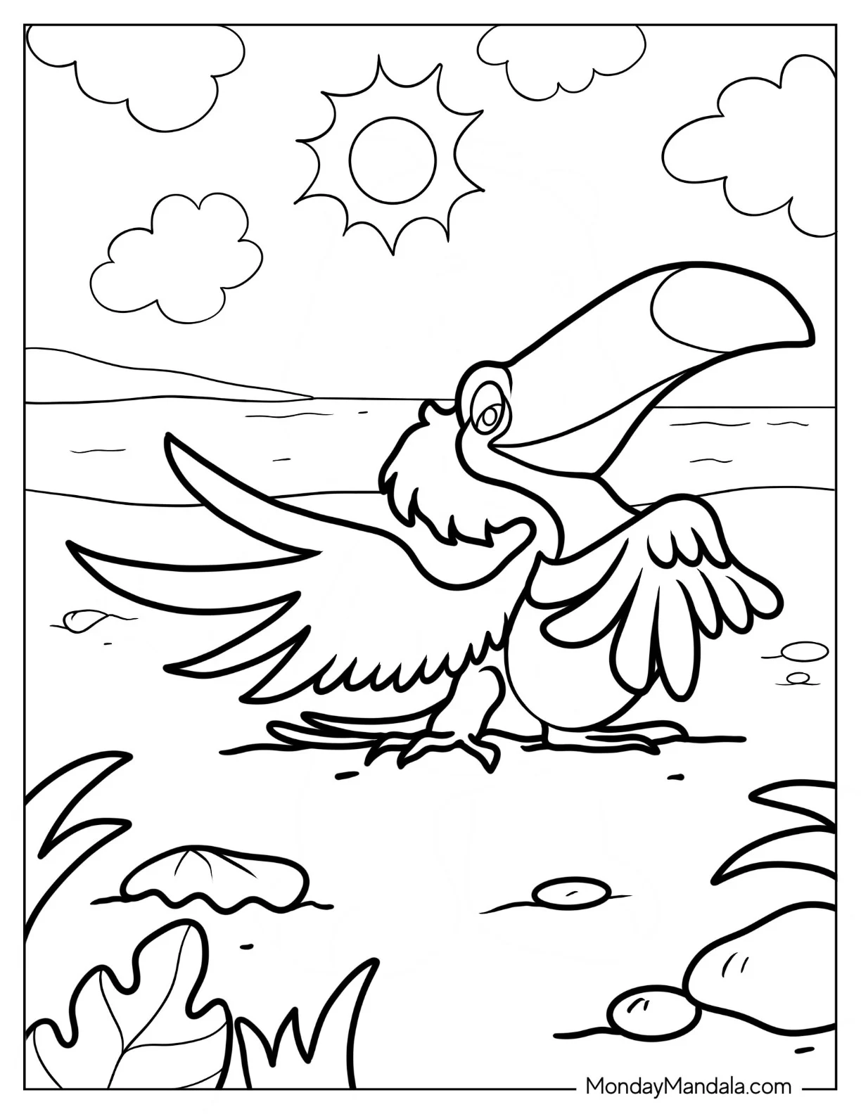 Toucan Coloring Page From Rio Displaying Wings For Kids coloring page — printable line art