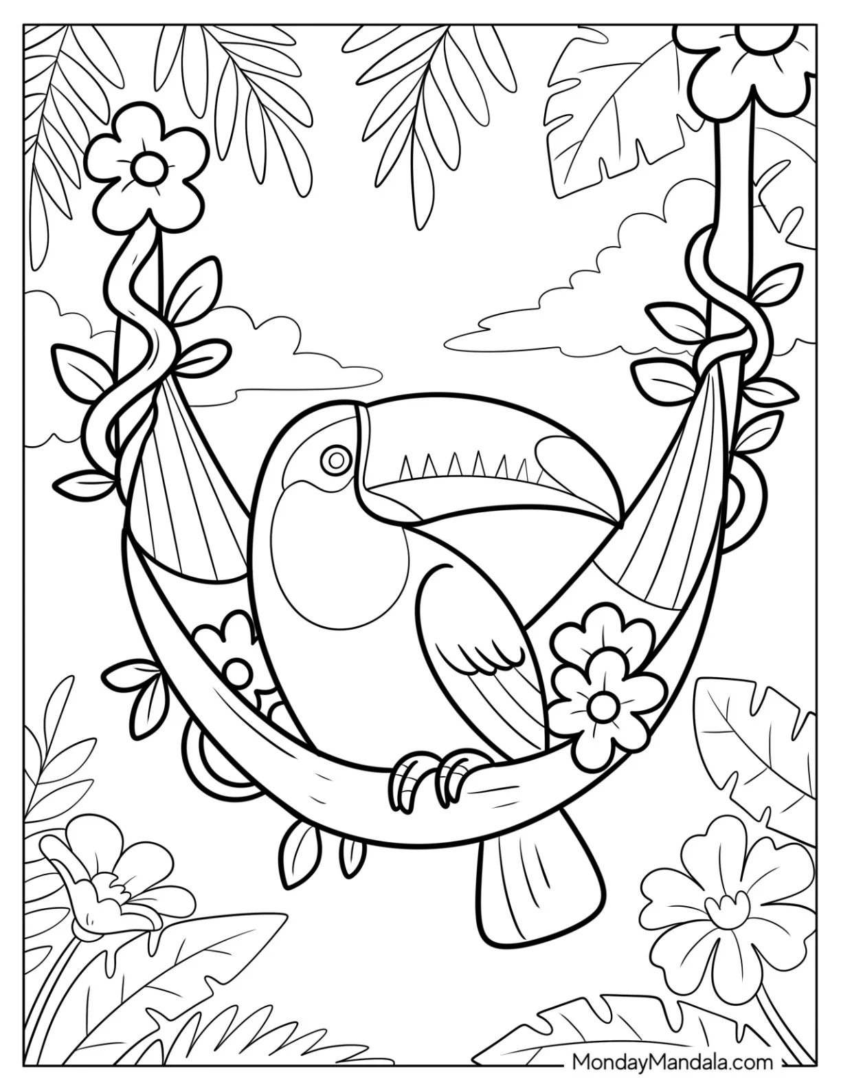 Toucan Coloring Page in a Hammock with Flowers and Vines coloring page — printable line art