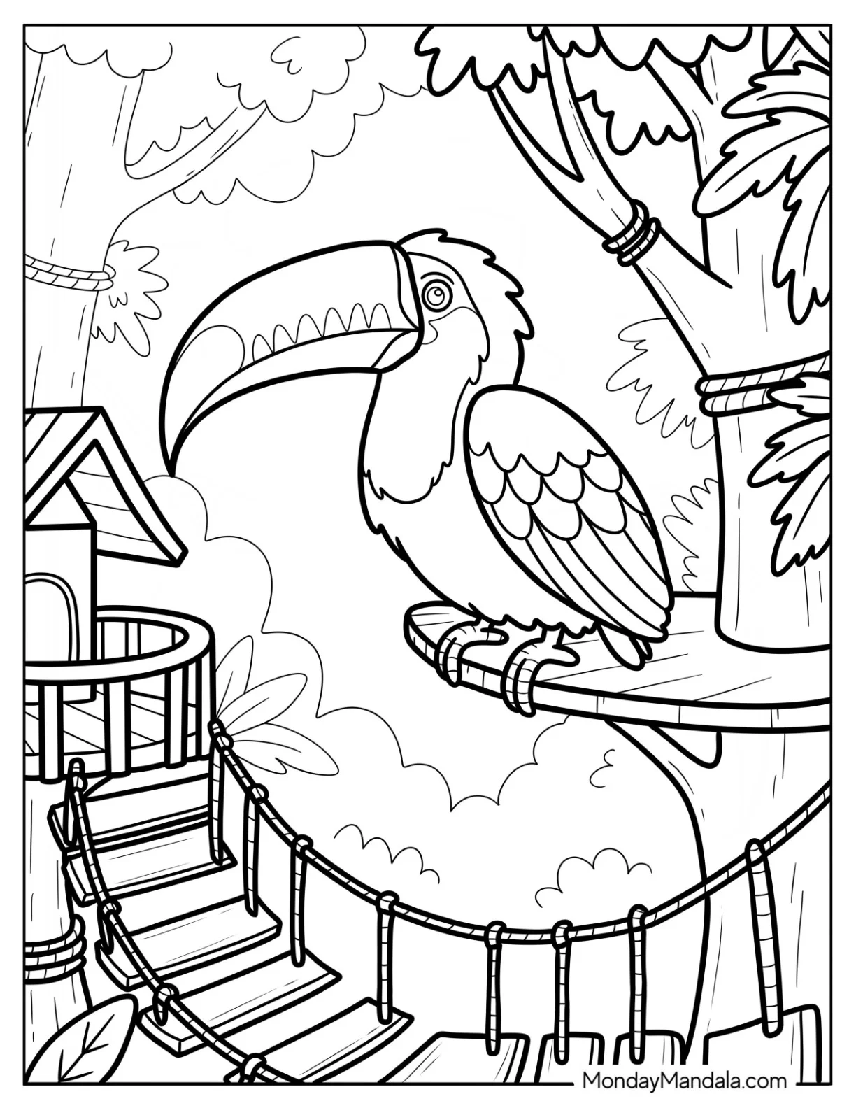 Toucan Coloring Page Overlooking a Treehouse with a Bridge coloring page — printable line art